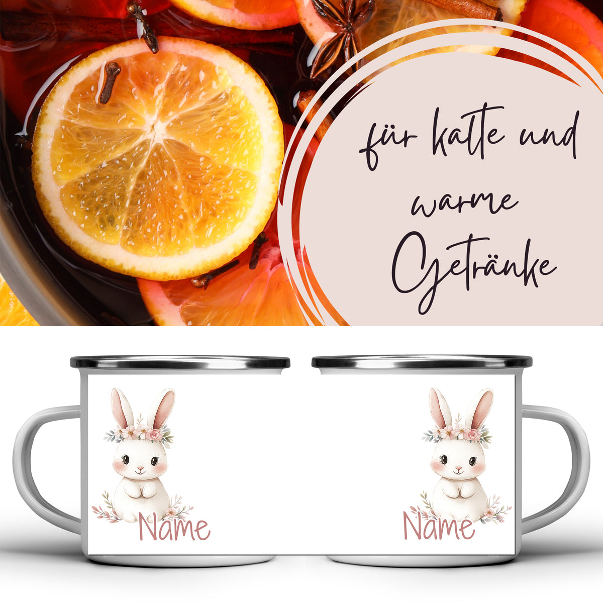 Tasse mit Hasenmotiv, personalisierbar, in Weiß und Silber.