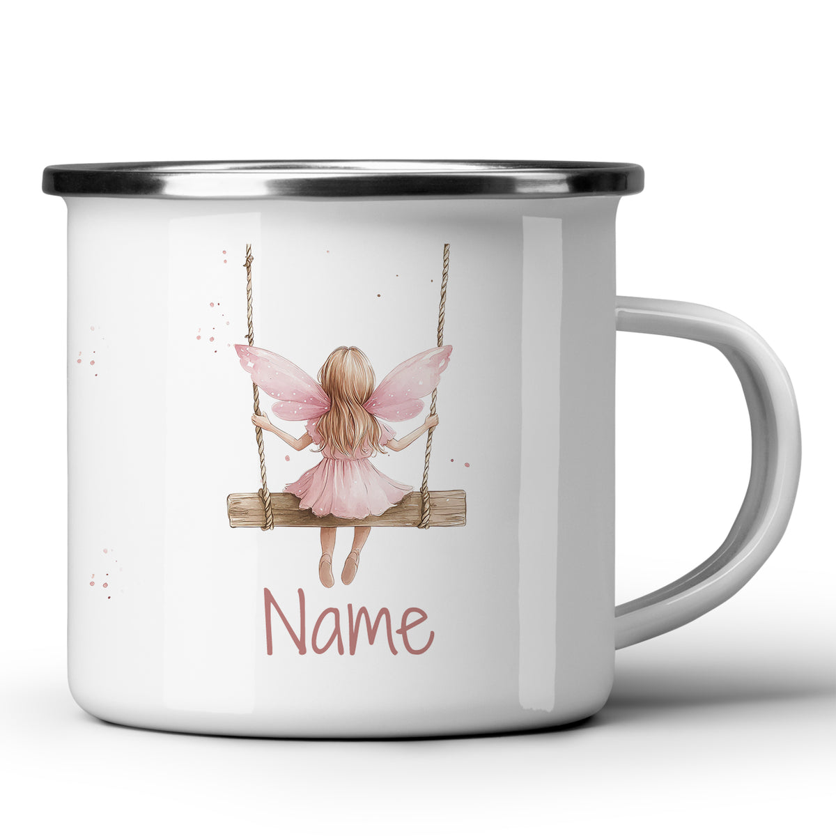 Weißer Emaillebecher mit rosa Fee und personalisiertem Namen.