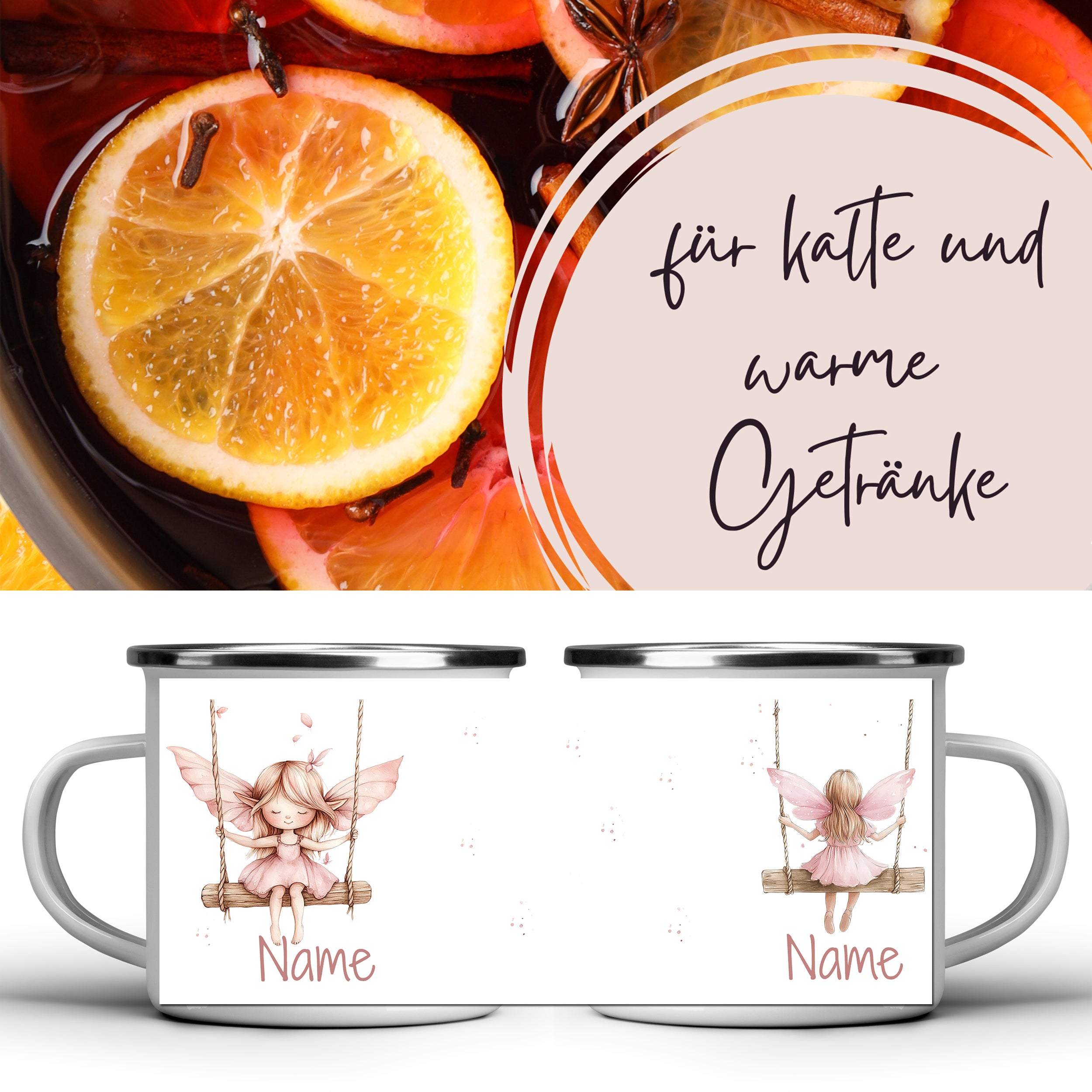 Tasse mit Feen-Design, personalisierbar, warmes Getränk.