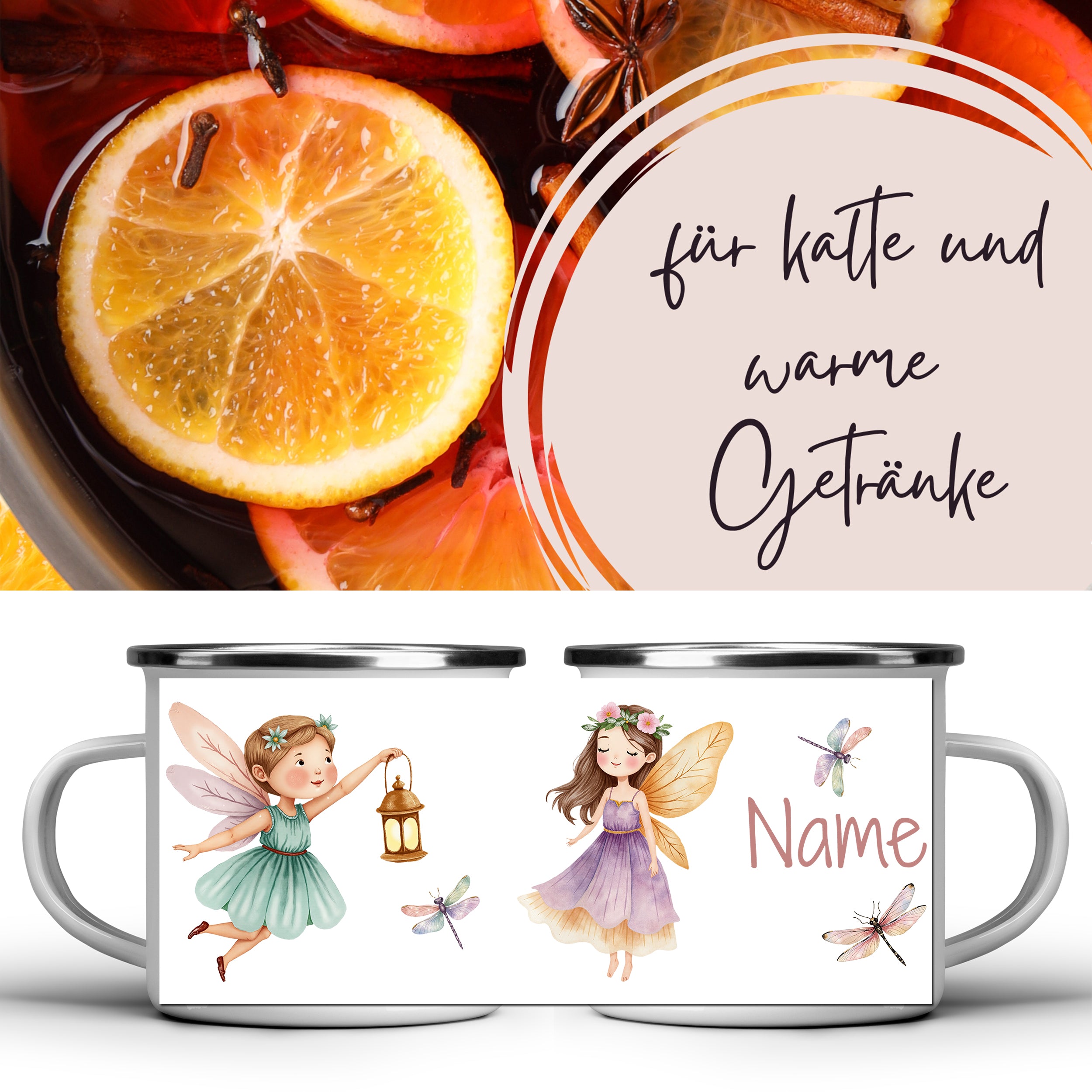 Emaillierte Tasse mit Feenmotiven und personalisierbarem Namen.