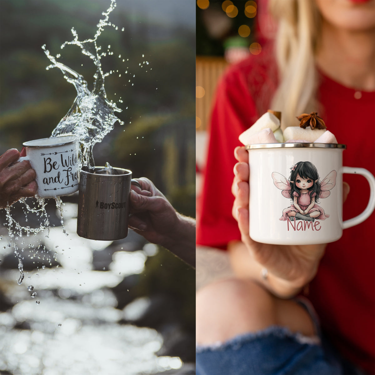 Tassen mit Sprüchen und personalisiertem Feen-Motiv.