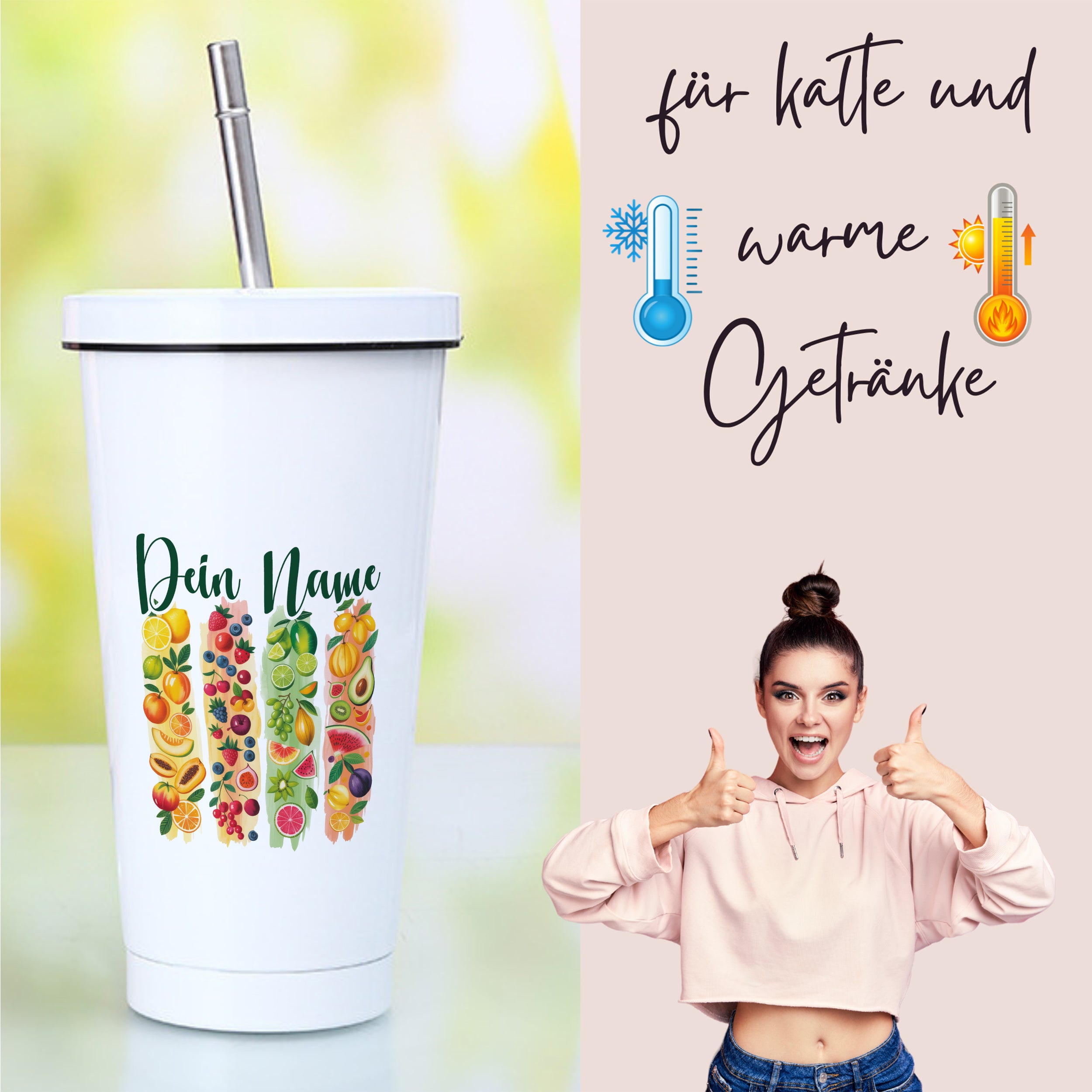 Weißer Trinkbecher mit buntem Obstdesign und Strohhalm.