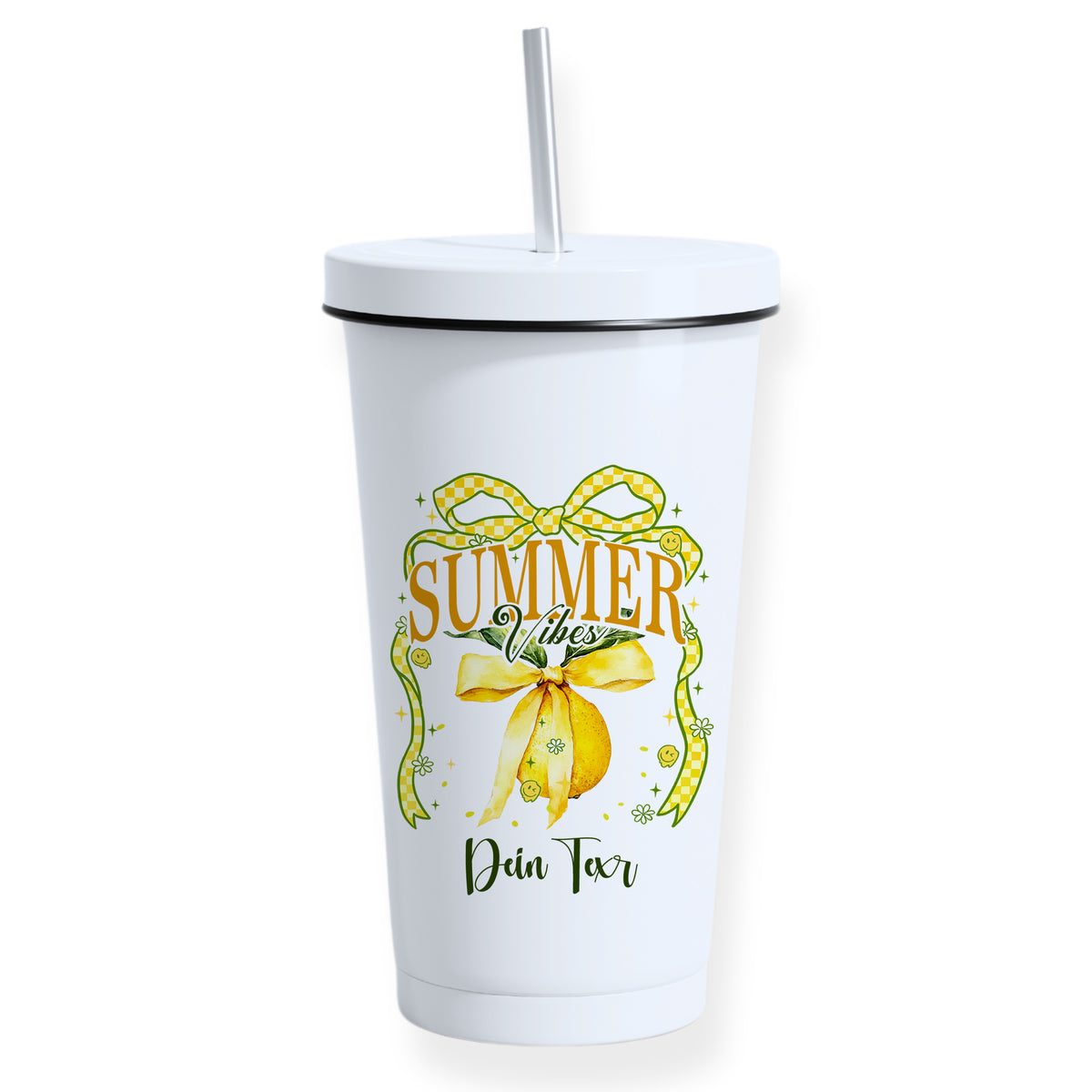 Weißer Becher mit gelbem Sommer-Design und Strohhalm.