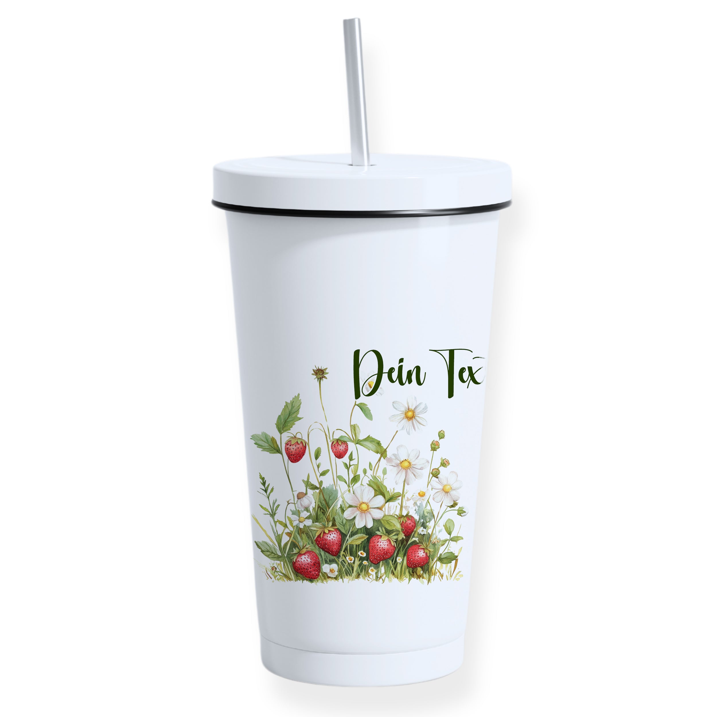 Weißer Becher mit Erdbeeren und personalisiertem Text.
