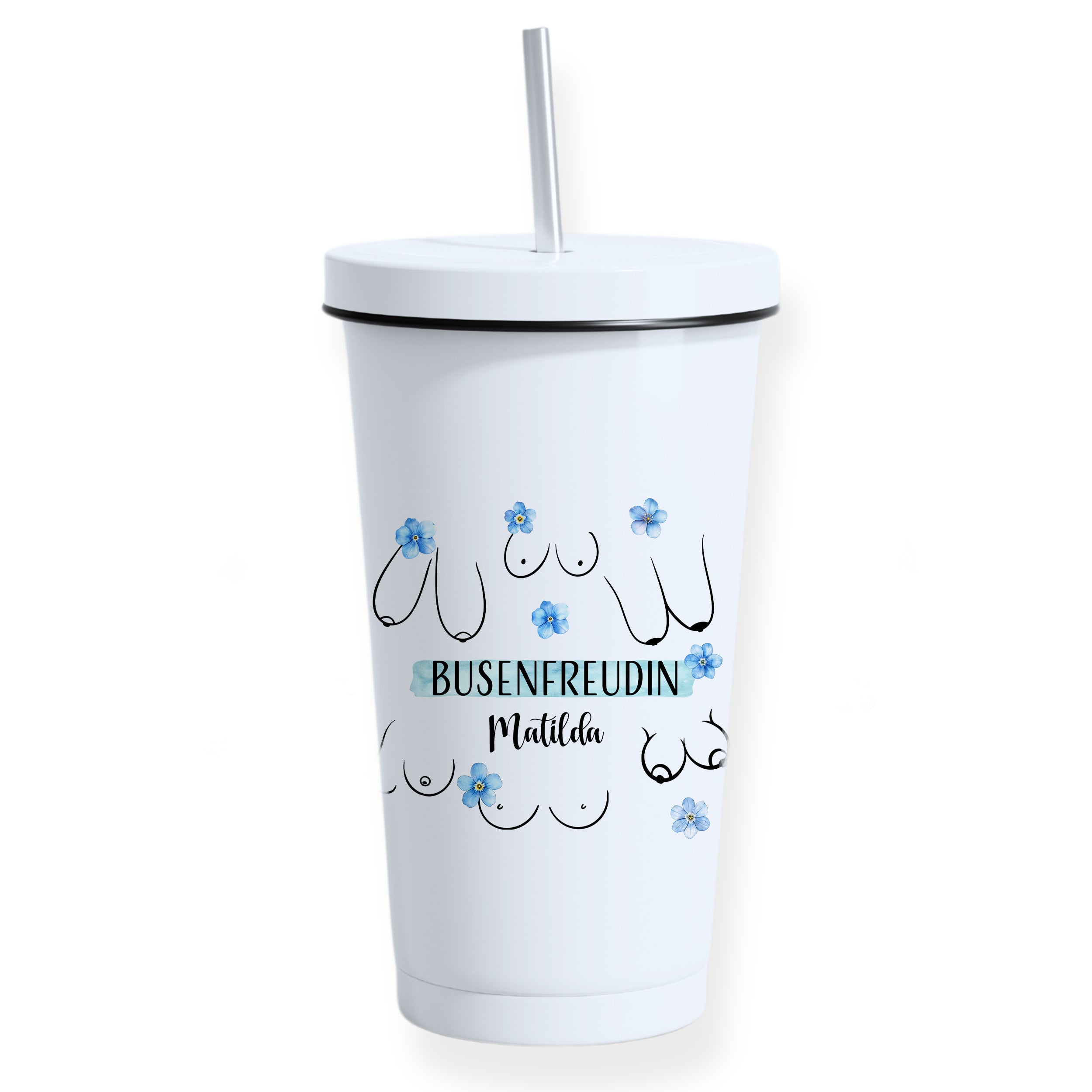 Weißer Becher mit Aufschrift "BUSENFREUNDIN Matilda" und Blumen.