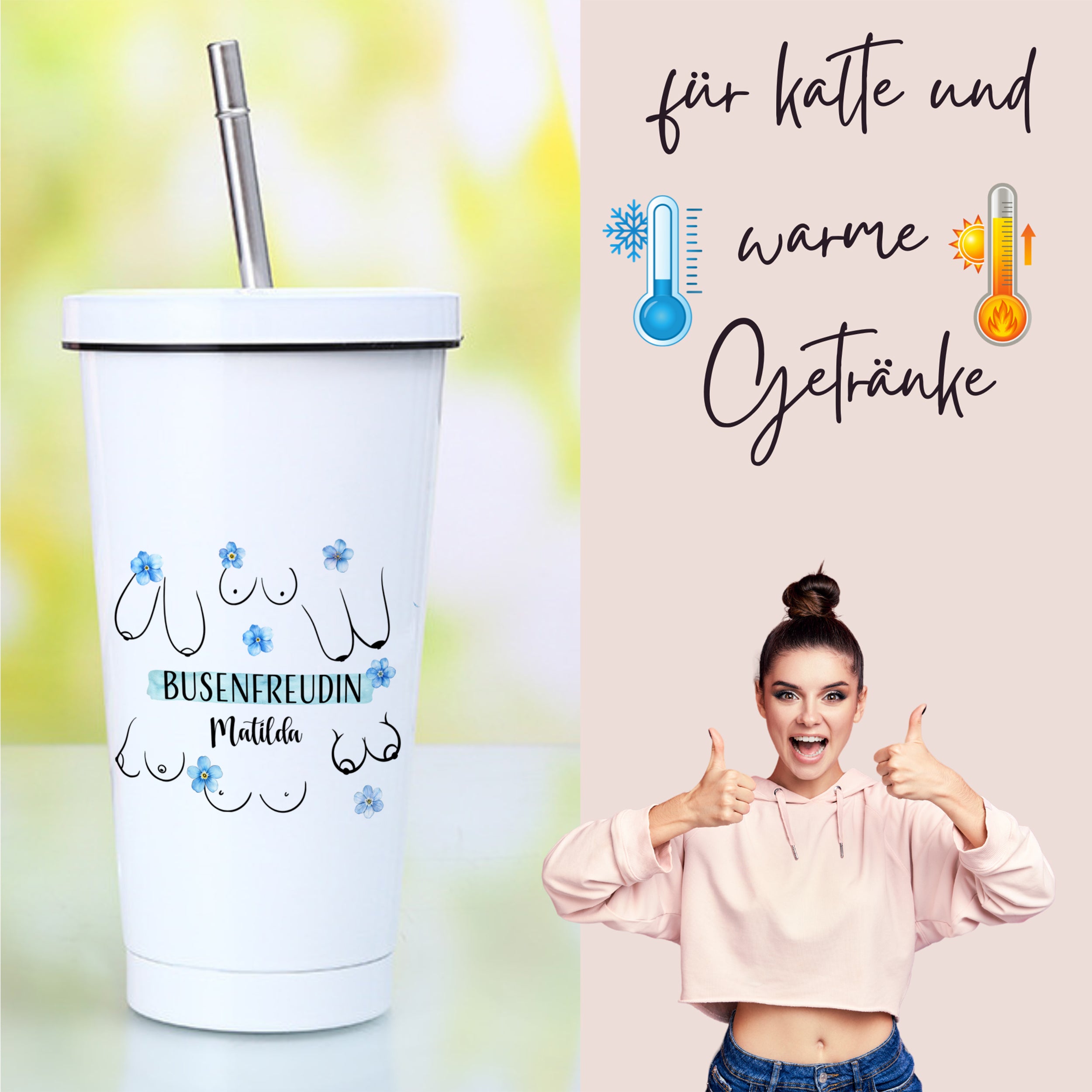 Weißer Becher mit Aufdruck für kalte und warme Getränke.