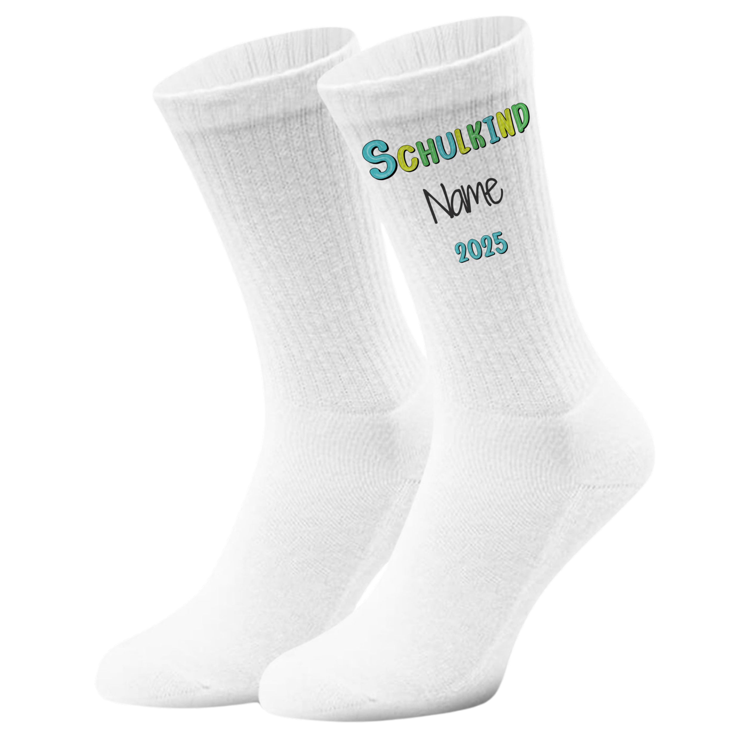 Weiße Socken mit Aufdruck "SCHULKIND Name 2025"