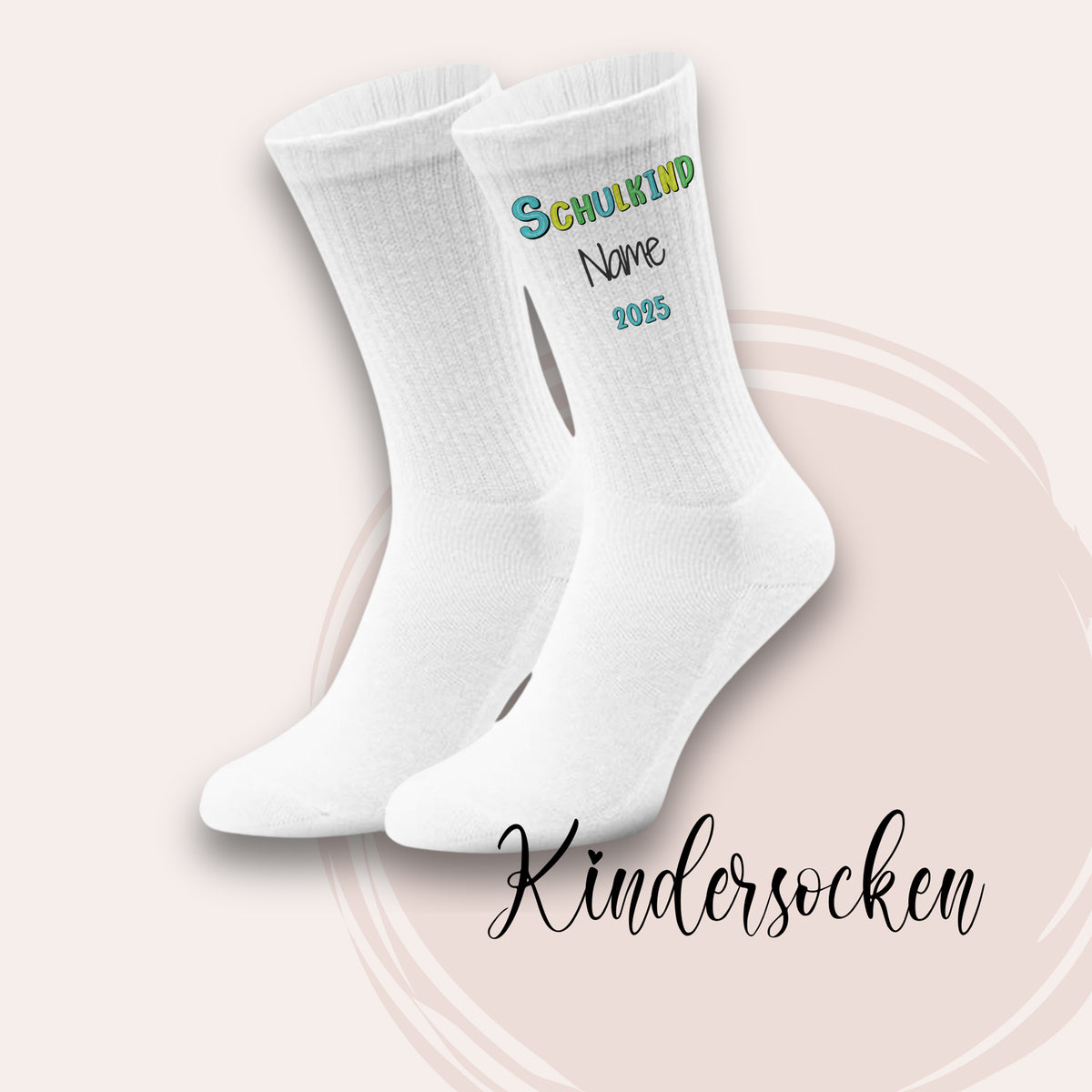 Weiße Kindersocken mit personalisierbarem Aufdruck.