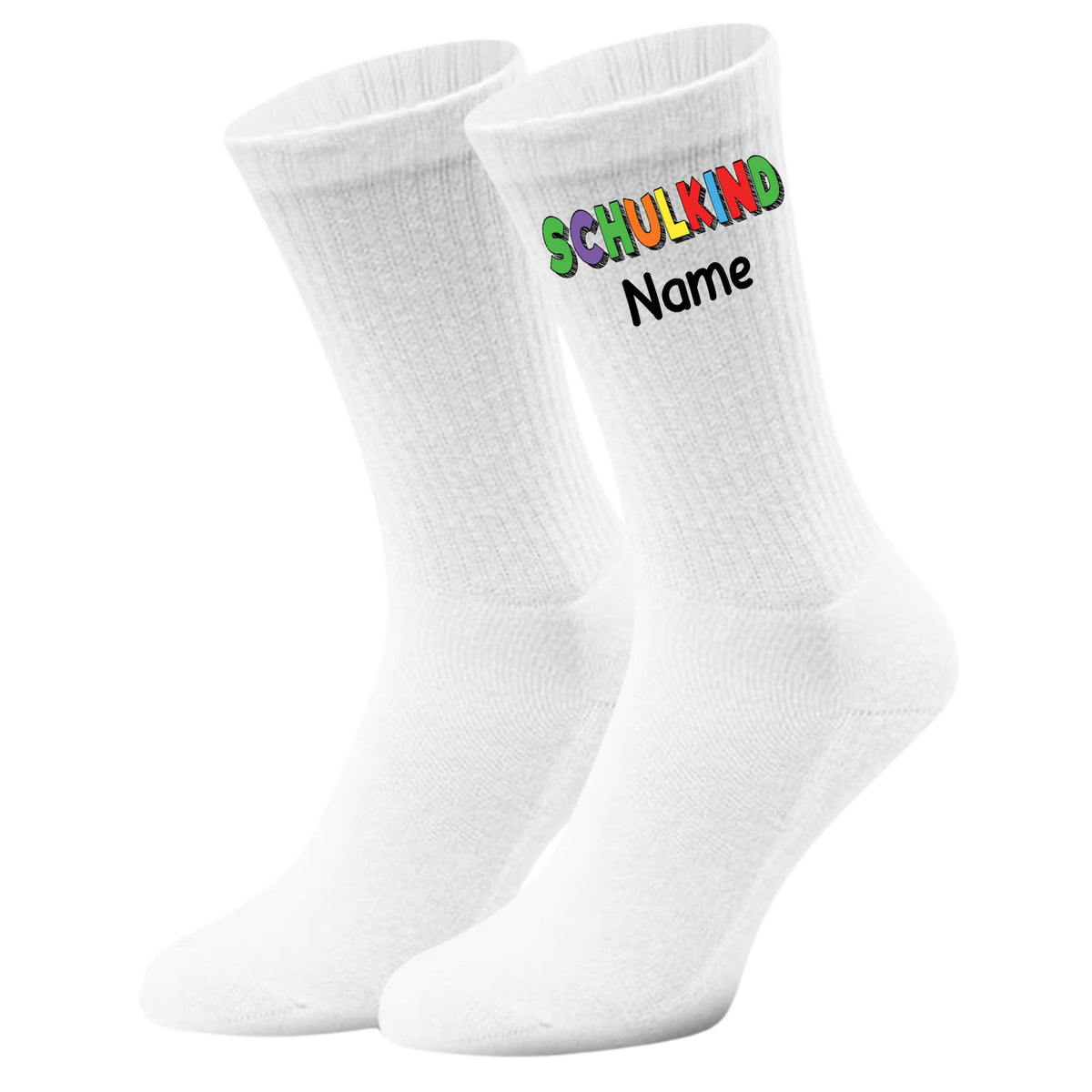 Weiße Socken mit buntem Aufdruck "SCHULKIND" und Platz für Namen.
