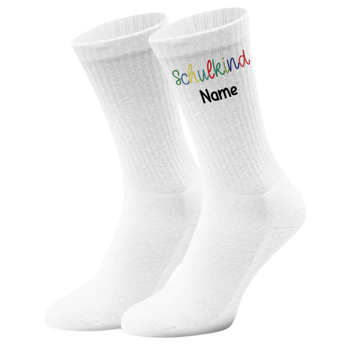 Weiße Socken mit buntem Aufdruck "Schulkind" und "Name".