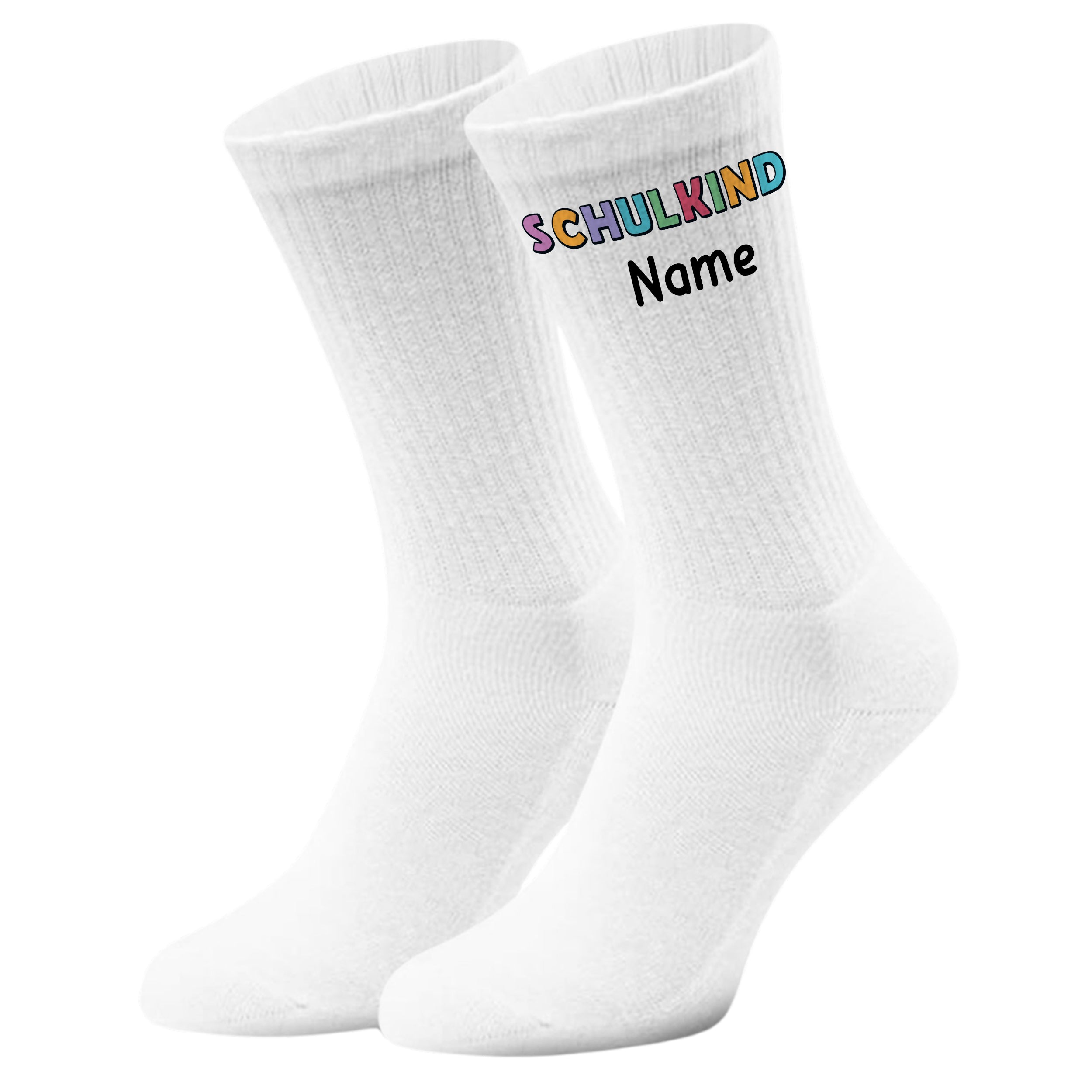 Weiße Socken mit buntem Aufdruck "SCHULKIND" und Platz für Namen.