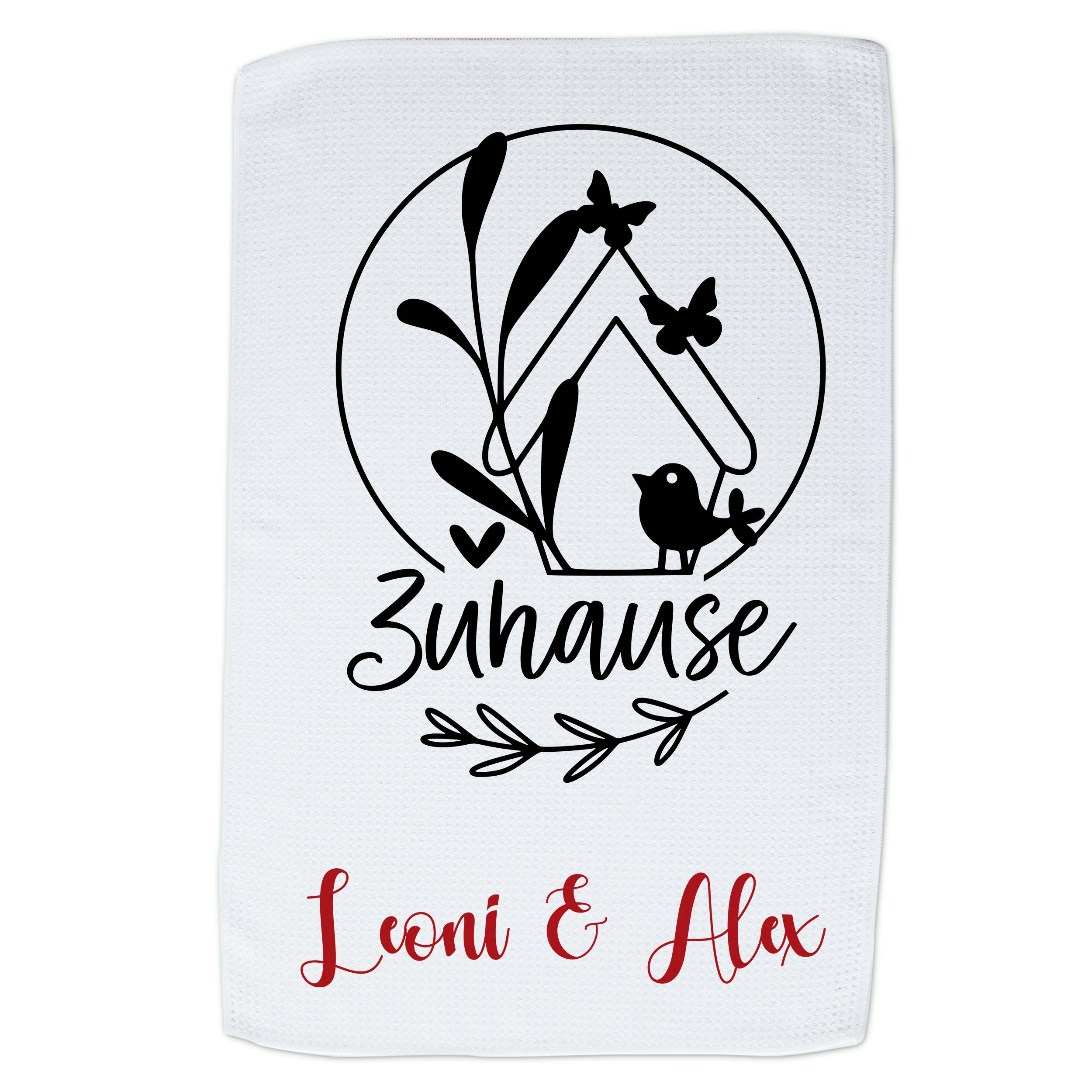 Handtuch mit schwarzem Design, „Zuhause“, Namen Leoni & Alex.