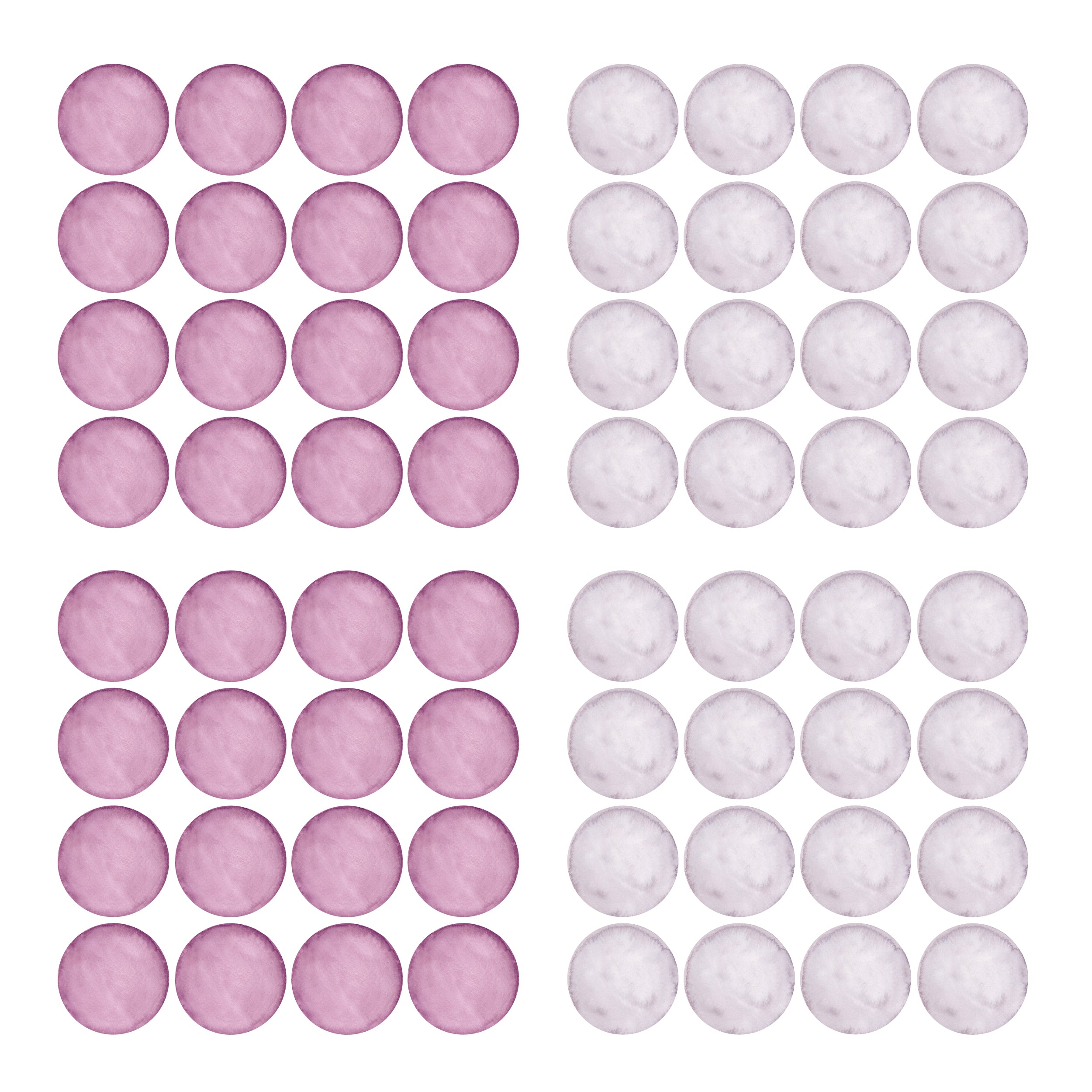 Runde, rosa und weiße Dekorationspunkte in Reihen angeordnet.
