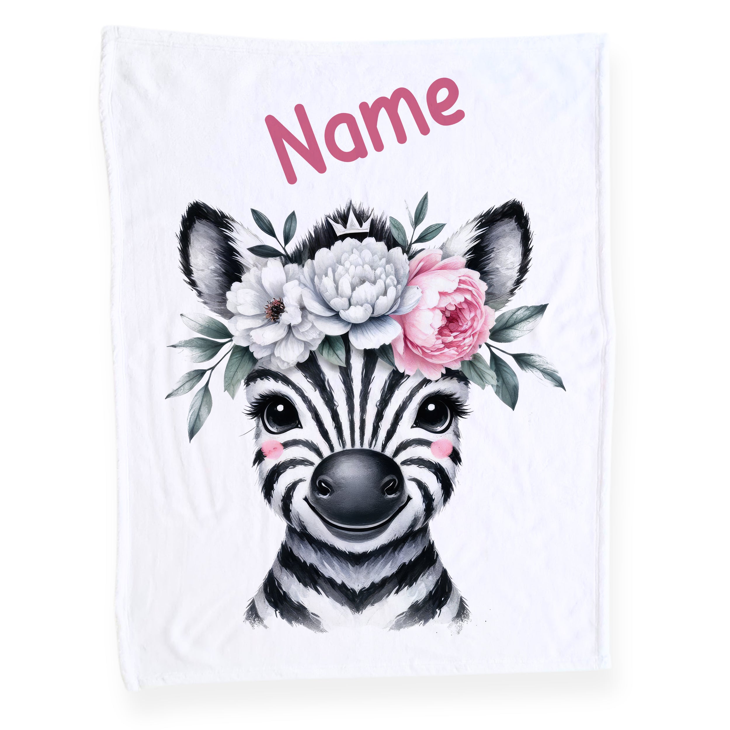 Zebra-Kinderdecke mit Blumenkranz und personalisiertem Namen.