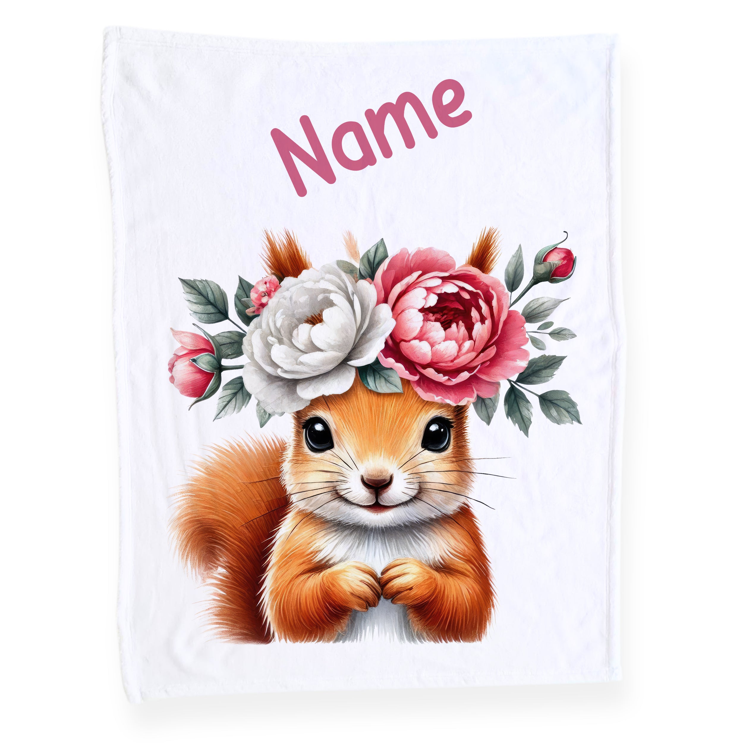 Süßes Eichhörnchen mit Blumenkranz und personalisiertem Namen.