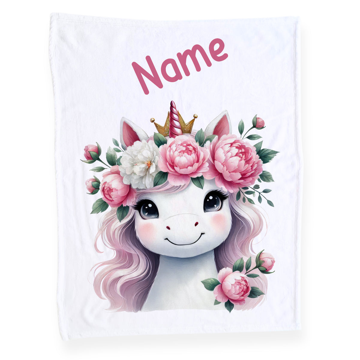 Einhorn-Decke mit Blumenkranz und personalisiertem Namen.