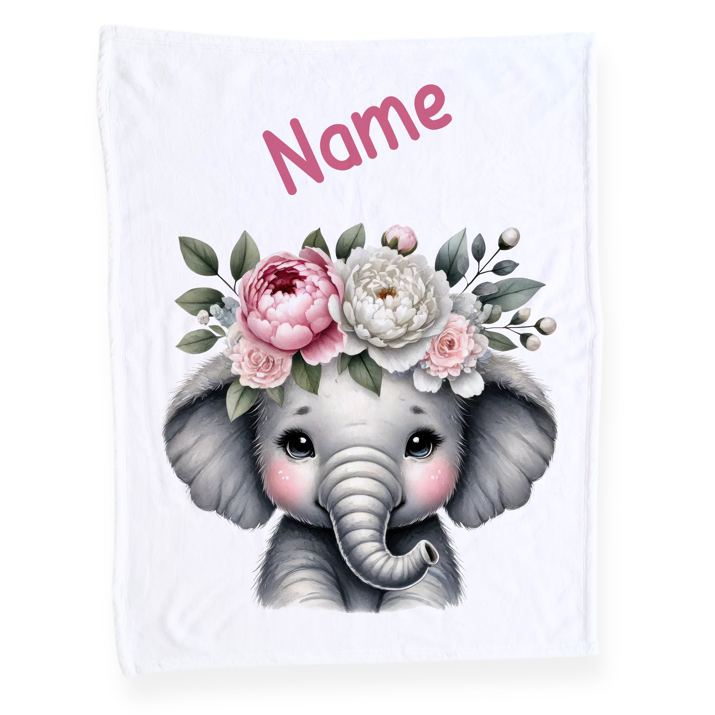 Kuscheldecke mit Elefant und Blumenkranz, weiß.