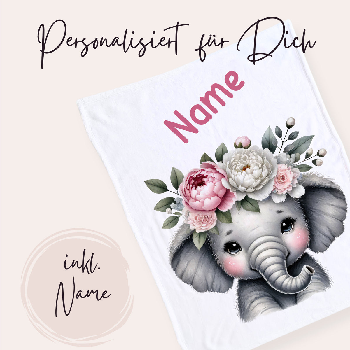 Personalisierte Babydecke mit Elefant und Blumen, rosa Schrift.