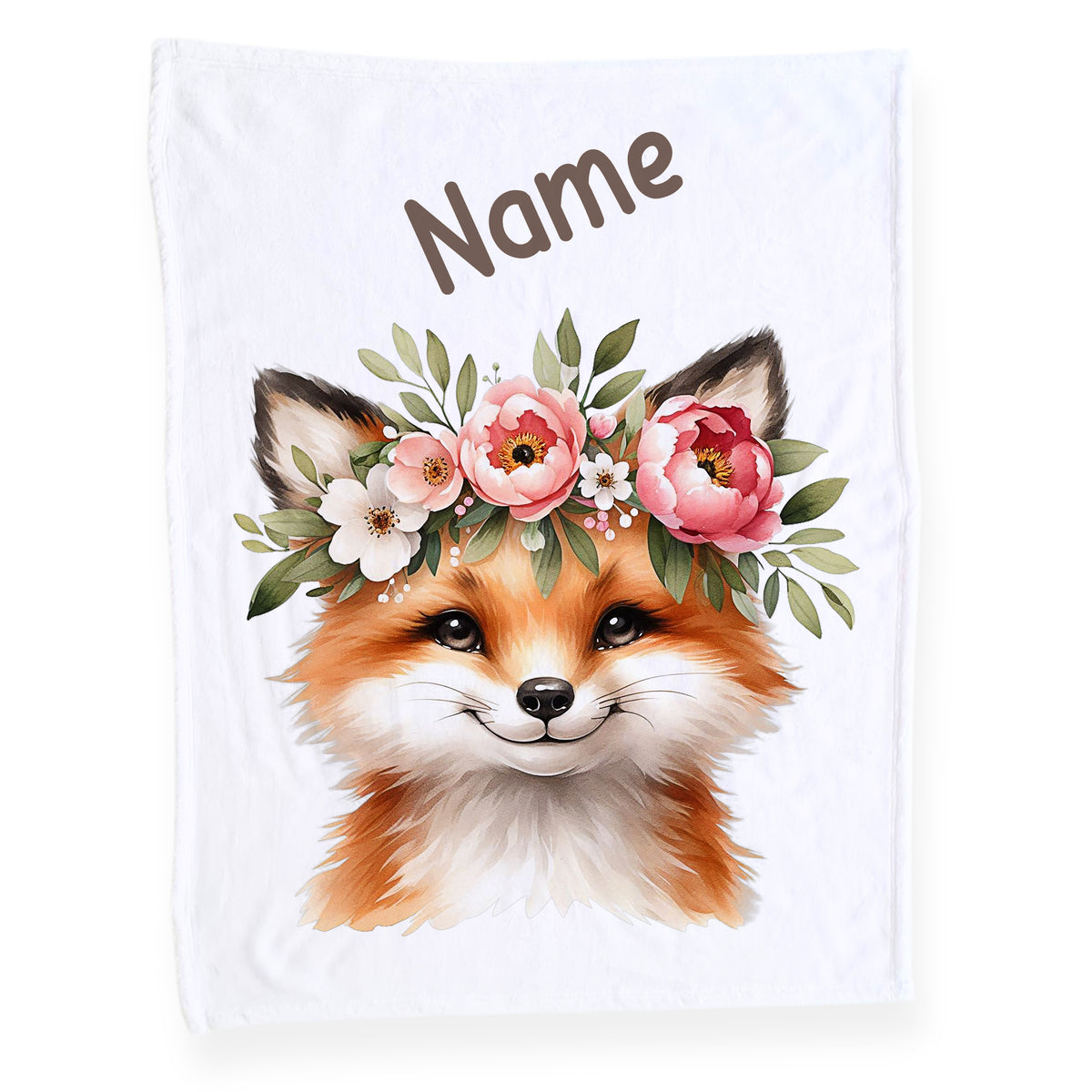 Fuchs mit Blumenkranz auf weißem Hintergrund, personalisierbar.