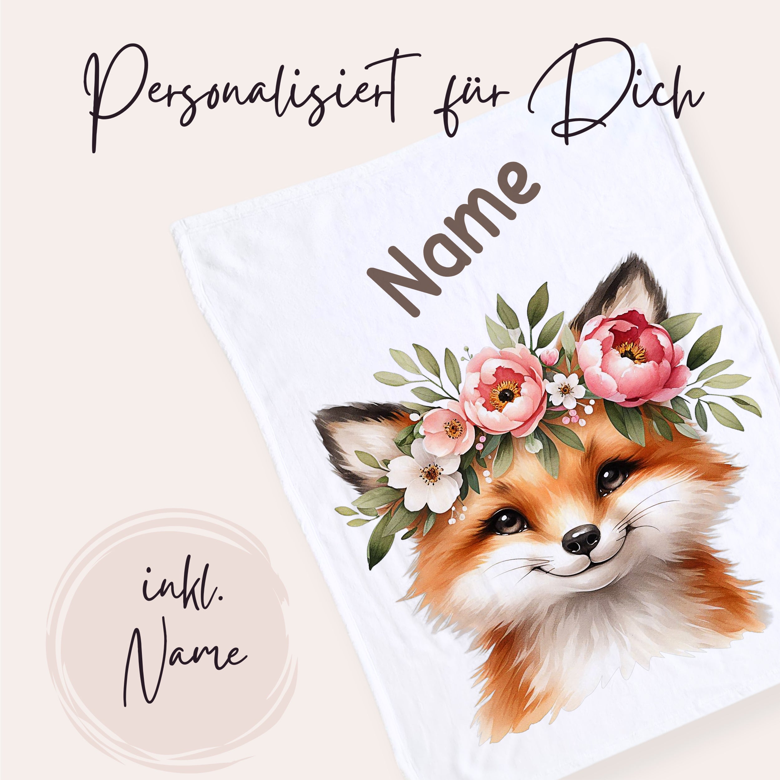 Personalisierte Frotteehandtuch mit Fuchs und Blumen.