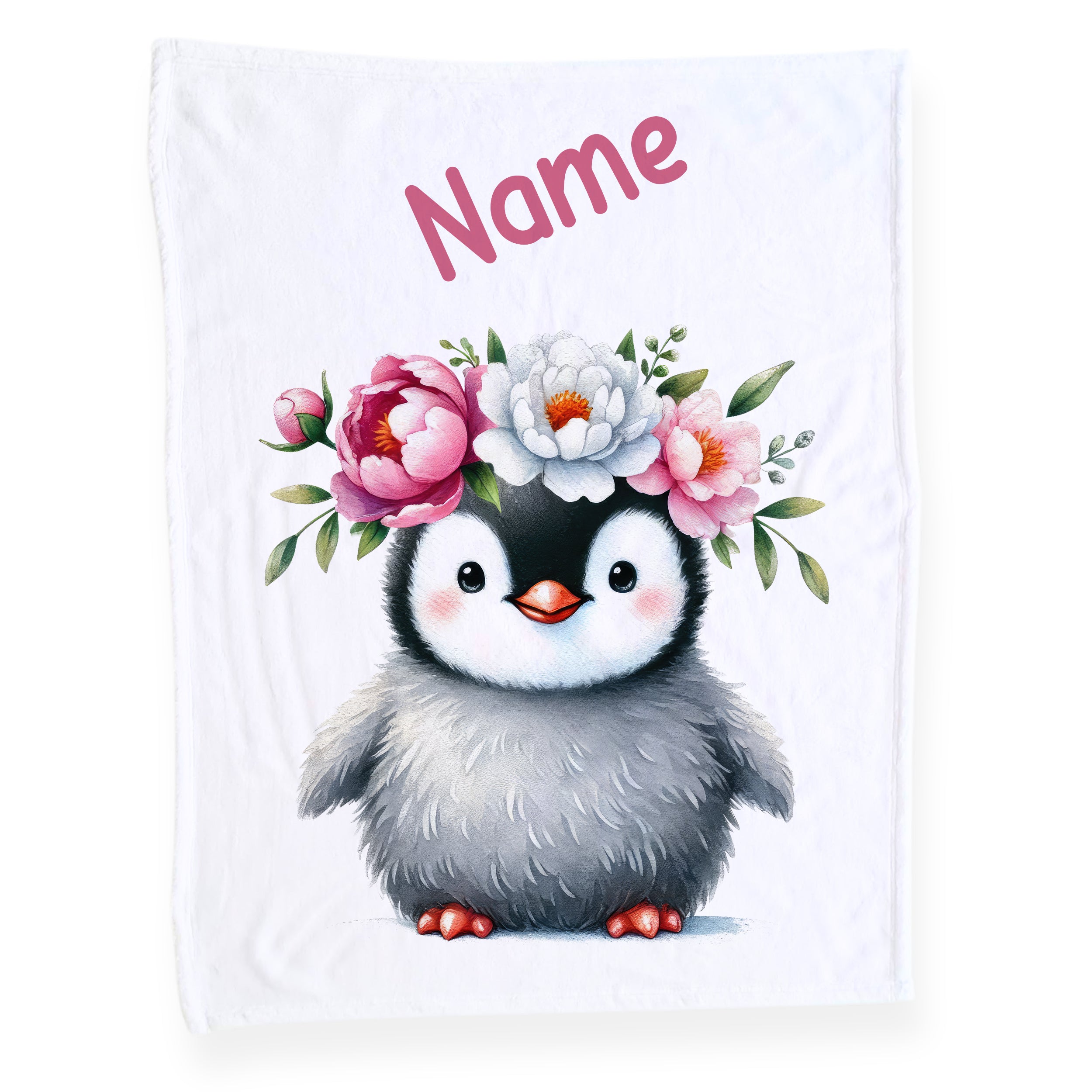 Kuscheldecke mit niedlichem Pinguin und Blumenkranz.