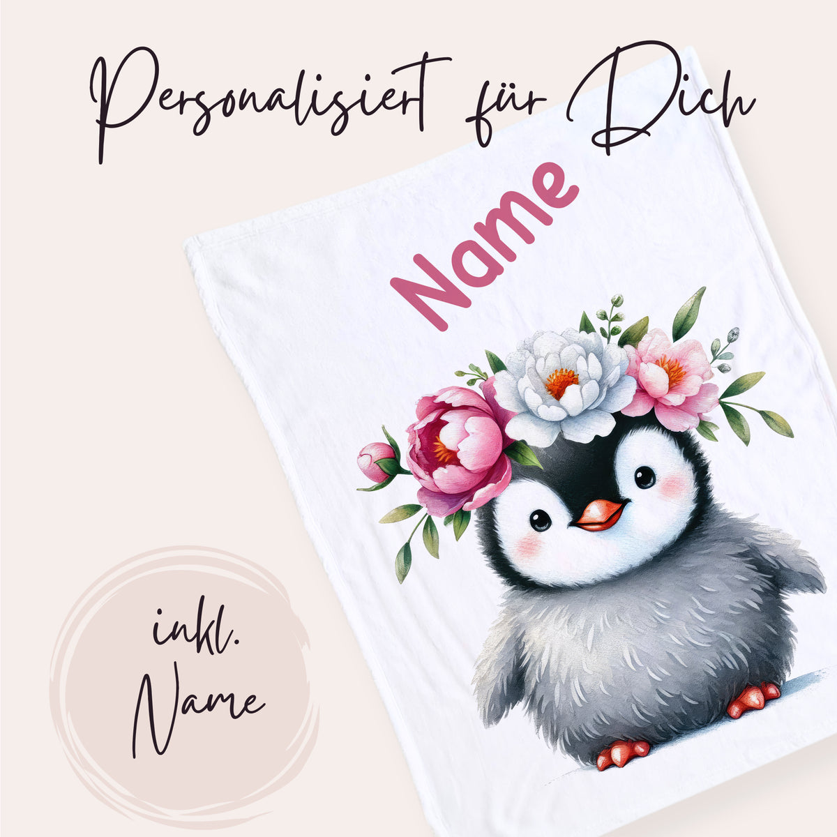 Personalisierbares Handtuch mit Pinguin und Blumenmotiv.
