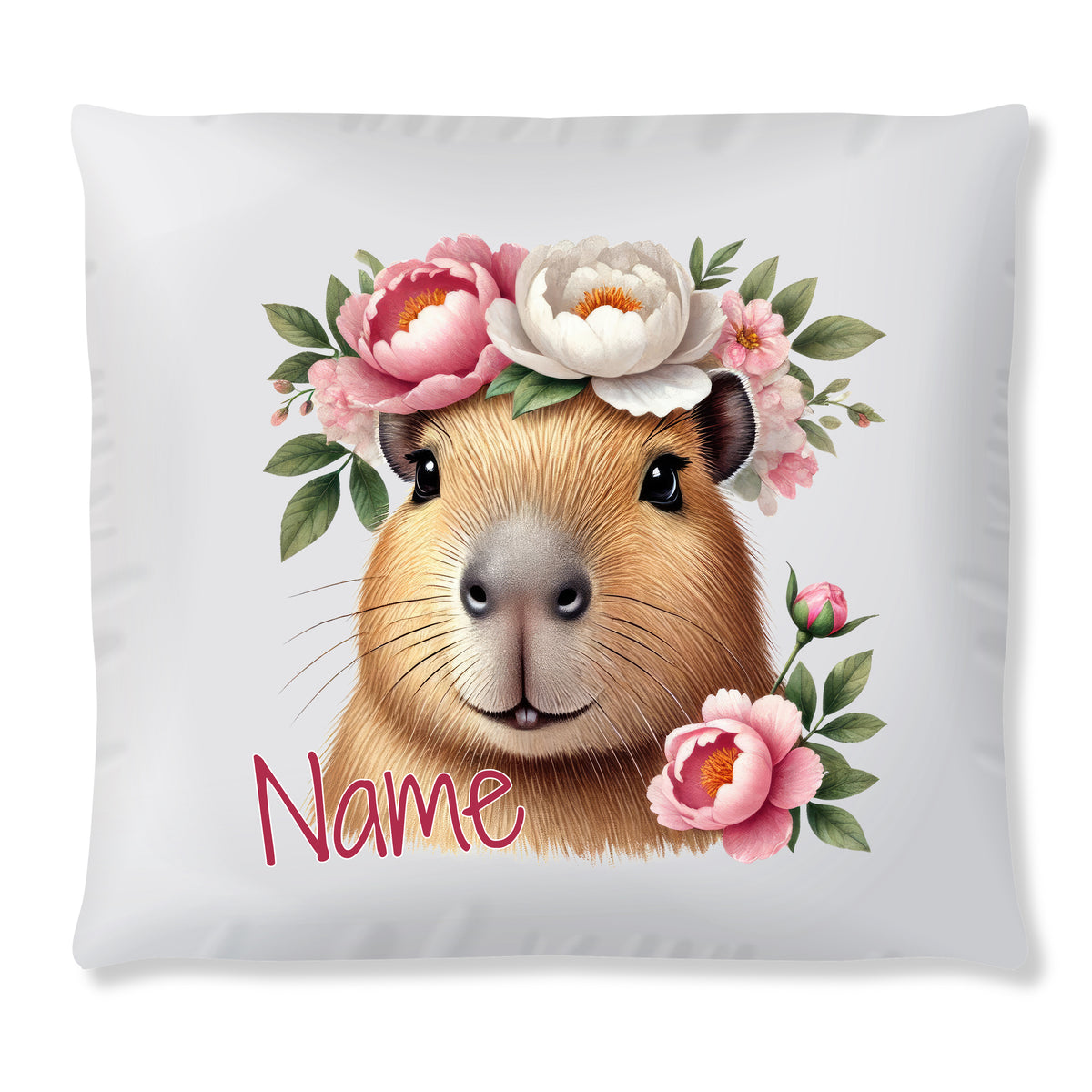 Kissen mit Kapibara und Blumenkranz, personalisierbar.