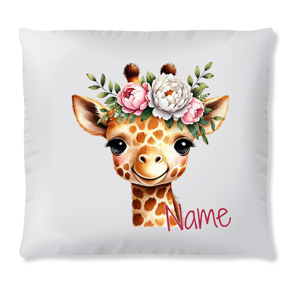 Kissen mit Giraffe, Blumenkranz und personalisiertem Namen.