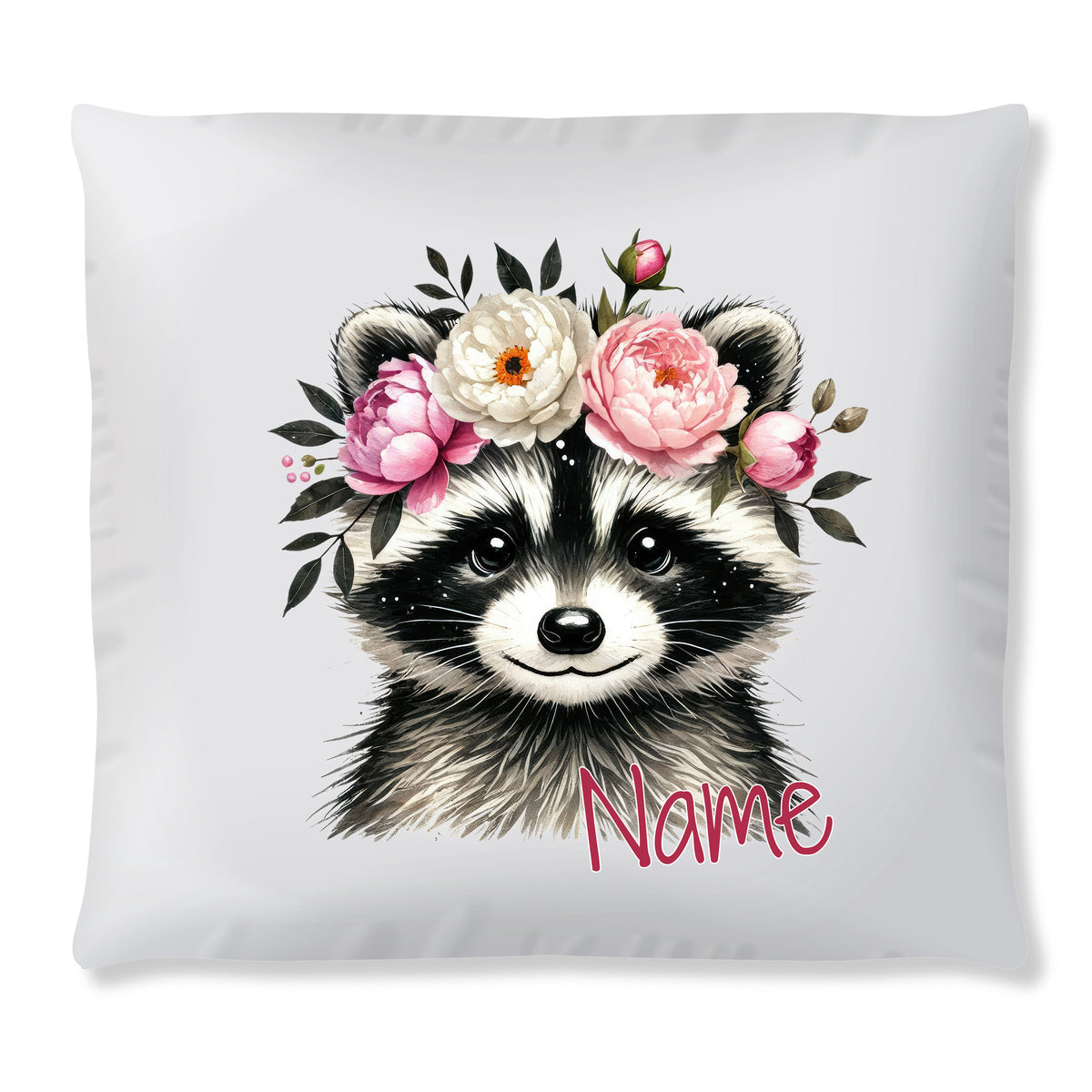 Kissen mit Waschbär, Blumenkranz und personalisiertem Namen.