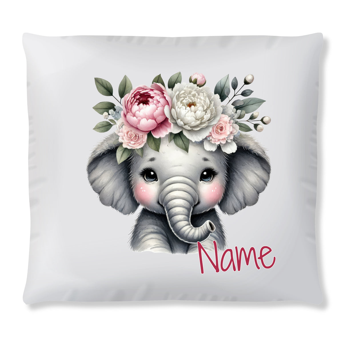 Kissen mit niedlichem Elefanten und Blumenkranz, personalisierbar.