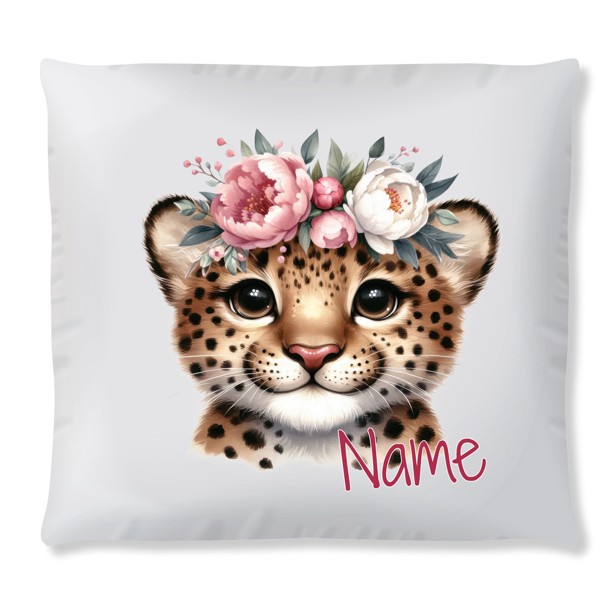 Kissen mit Leopardenkopf und Blumenkranz, personalisierbar.