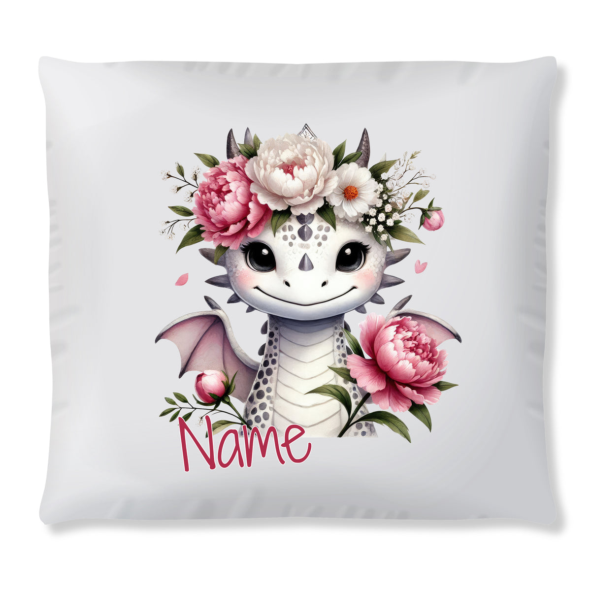Kissen mit niedlichem Drachen und Blumenmotiv, personalisierbar.
