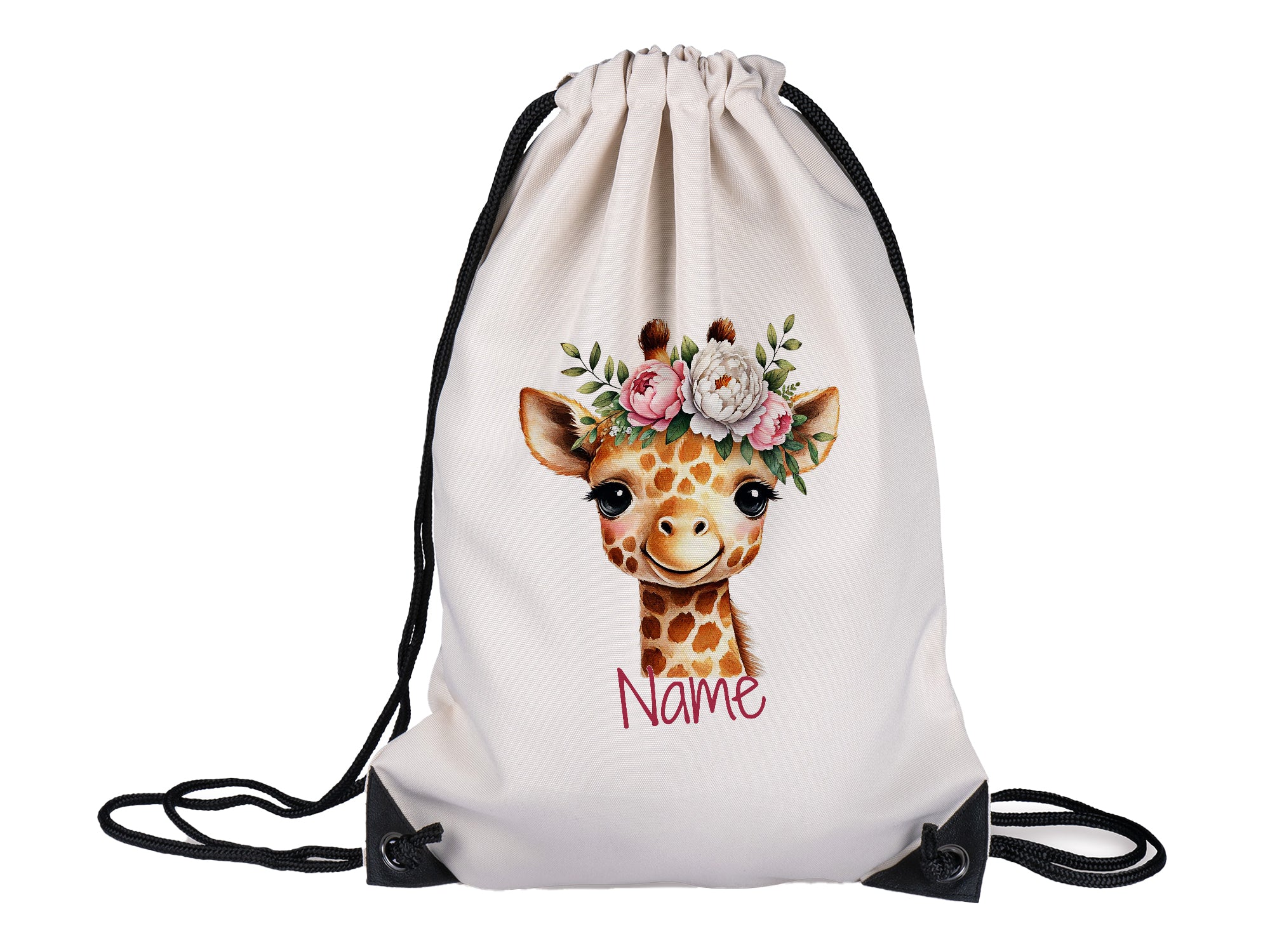 Jute-Rucksack mit Giraffenmotiv und Blumenkranz, personalisierbar.