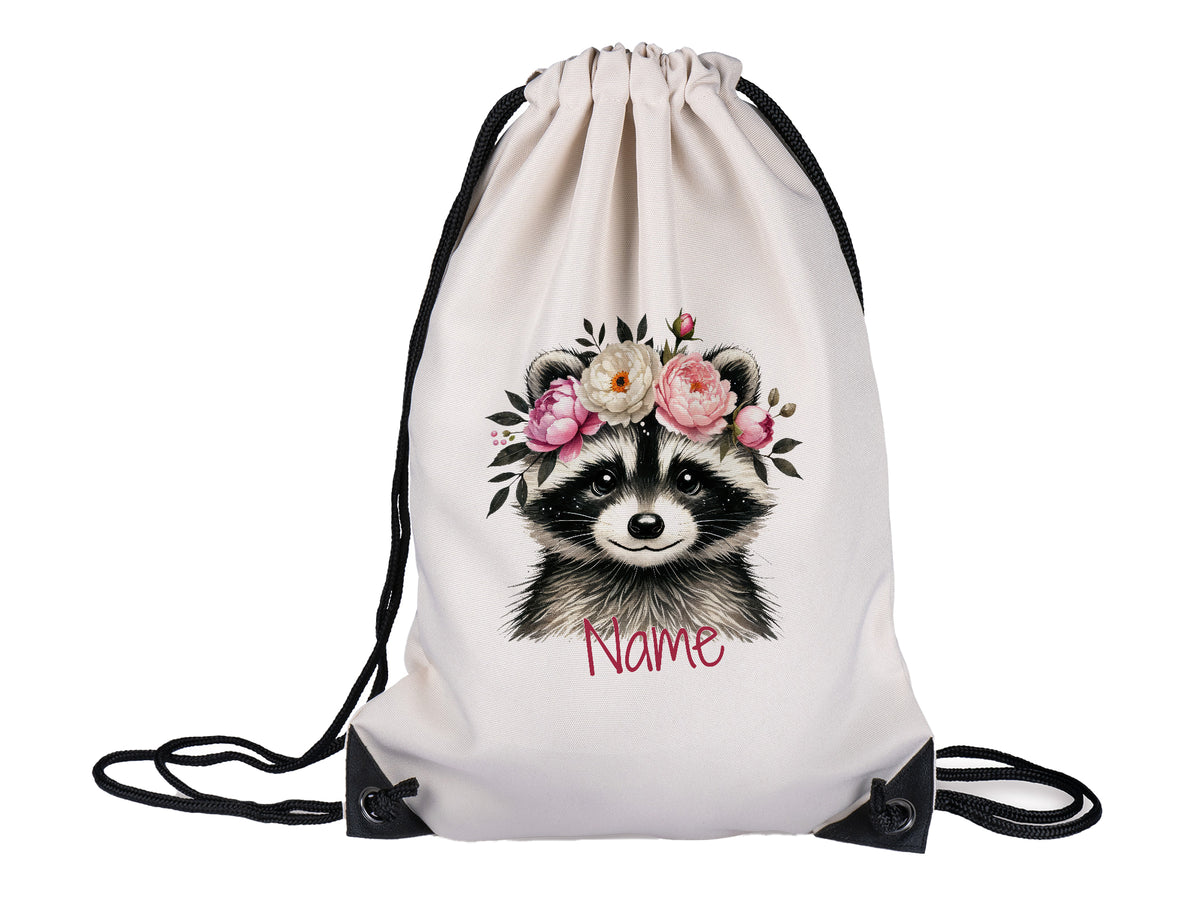 Rucksack mit Waschbär-Motiv und Blumenkranz, personalisierbar.