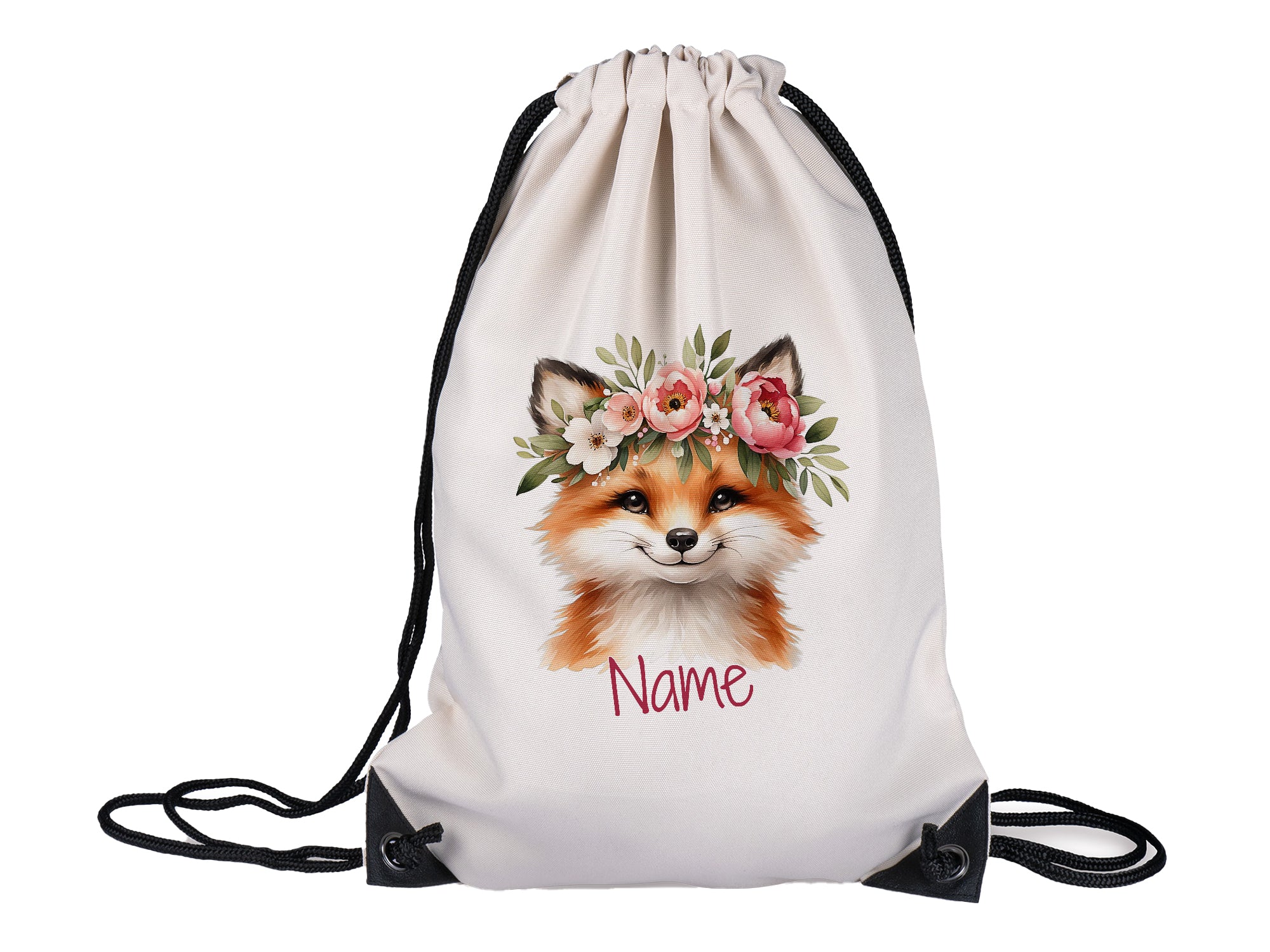 Beige Turnbeutel mit Fuchs und Blumenkranz, personalisierbar.