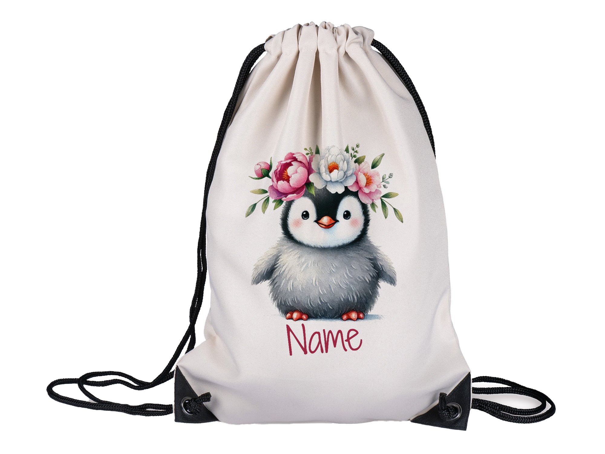 Rucksack mit Pinguin-Motiv und Blumen, personalisierbar.