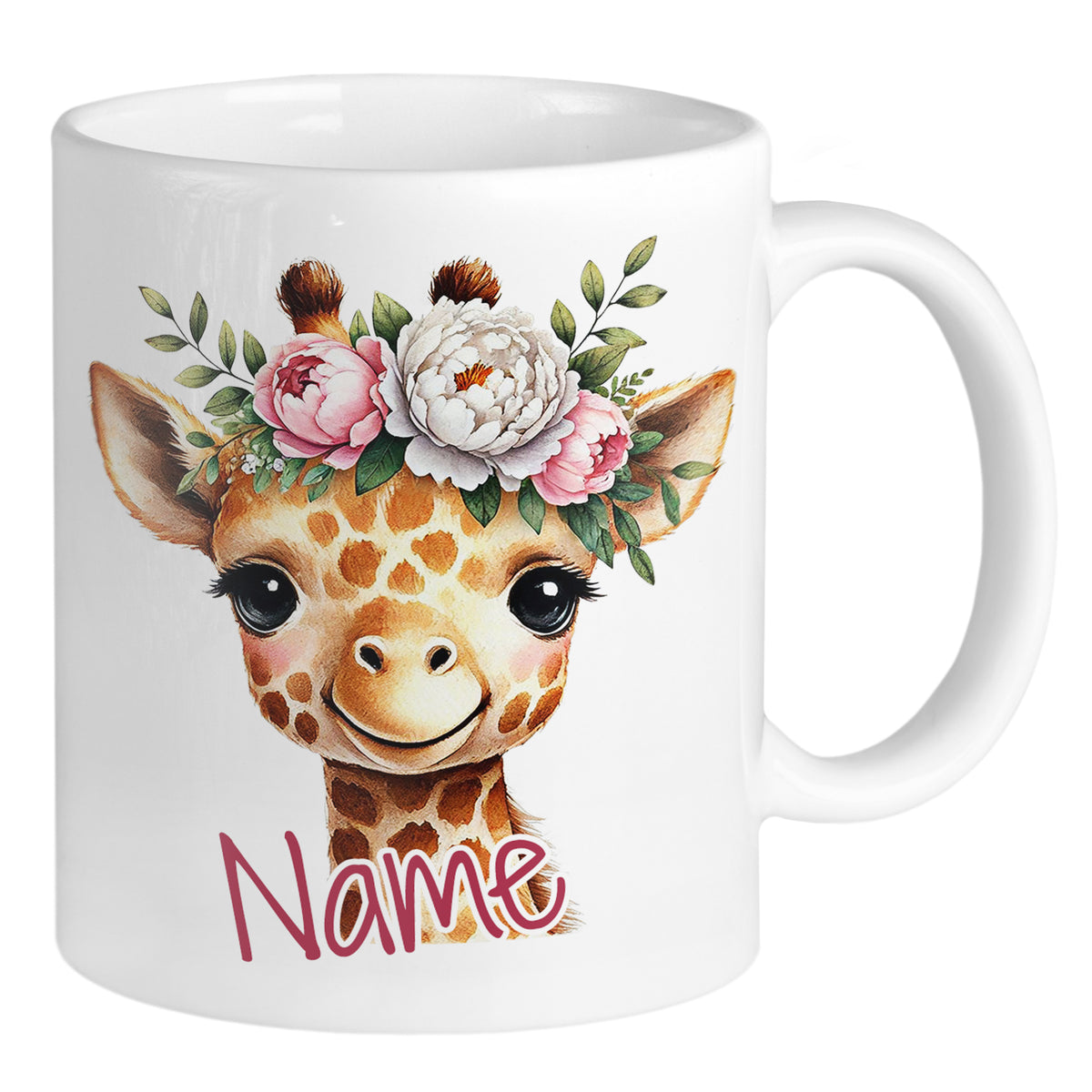 Tasse mit Giraffe, Blumenkranz und personalisiertem Namen.