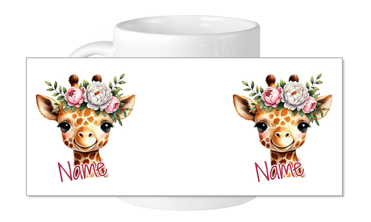 Kaffeetasse mit Giraffenmotiven und Blumenkranz.