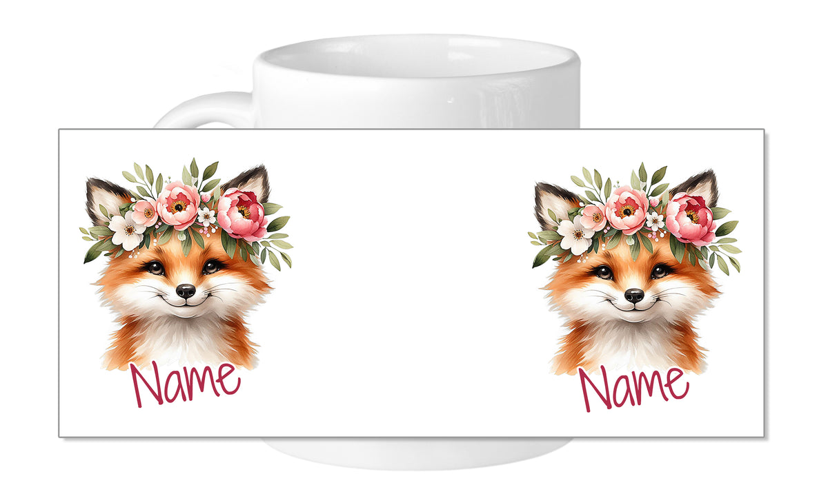 Tasse mit Füchsen und Blumenkranz, personalisierbar.