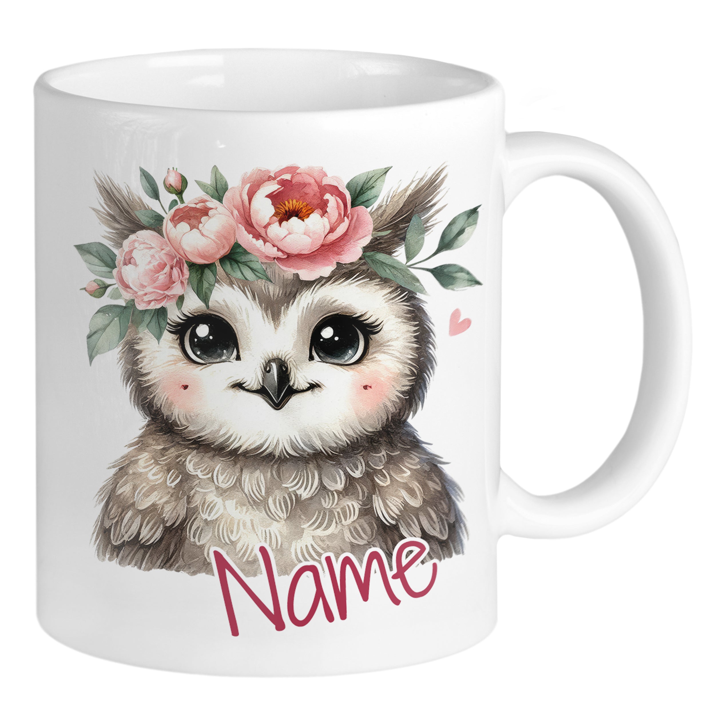Kaffeetasse mit süßer Eule und Blumenkranz.
