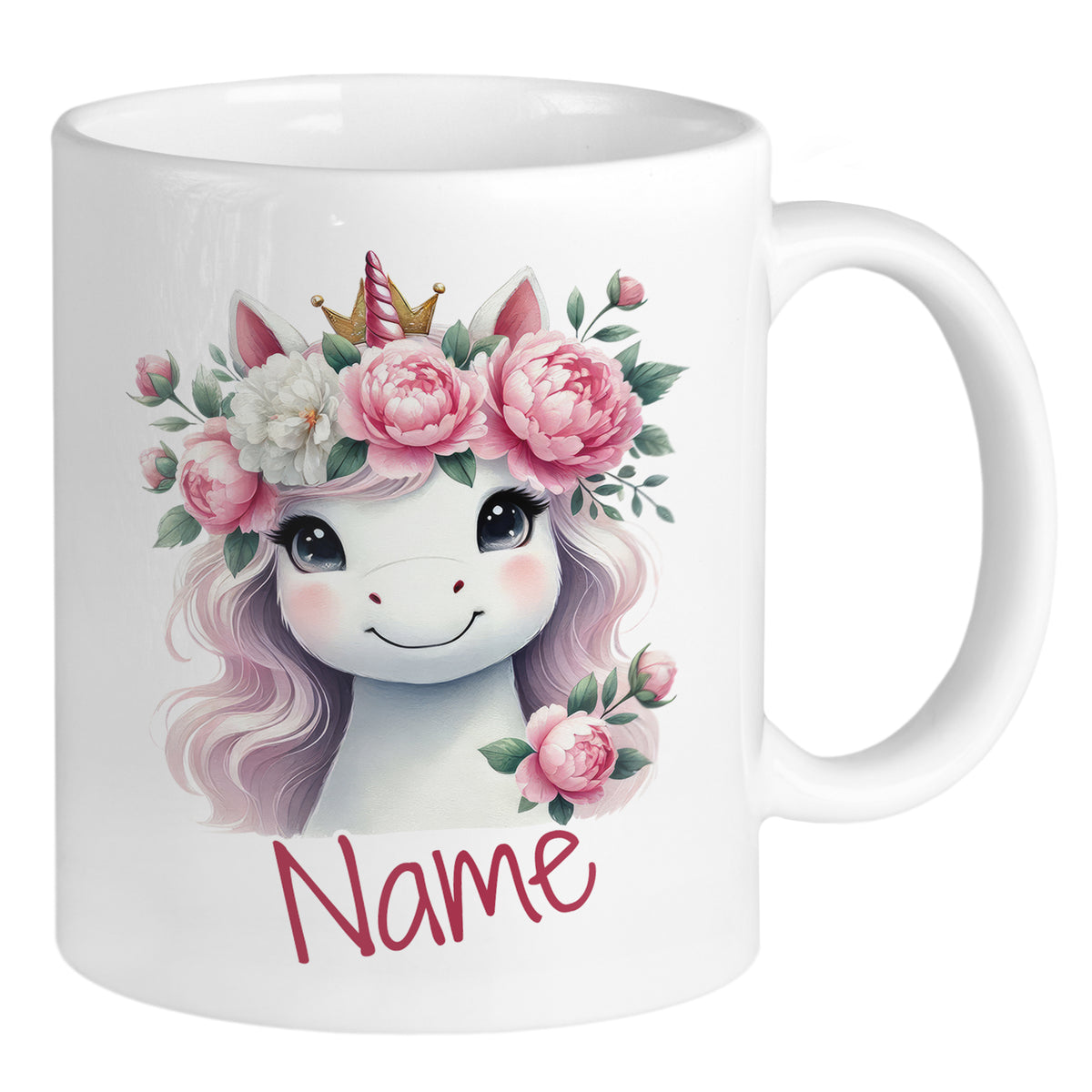 Tasse mit Einhorn, rosa Blumen und personalisiertem Namen.