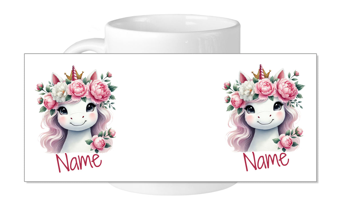 Tasse mit zwei Einhörnern und Blumenkränzen.
