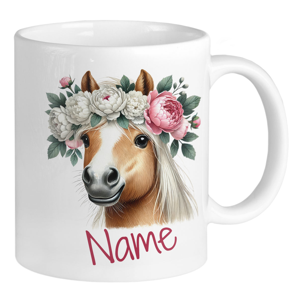 Tasse mit Pferdekopf und Blumenkranz, personalisierbar.