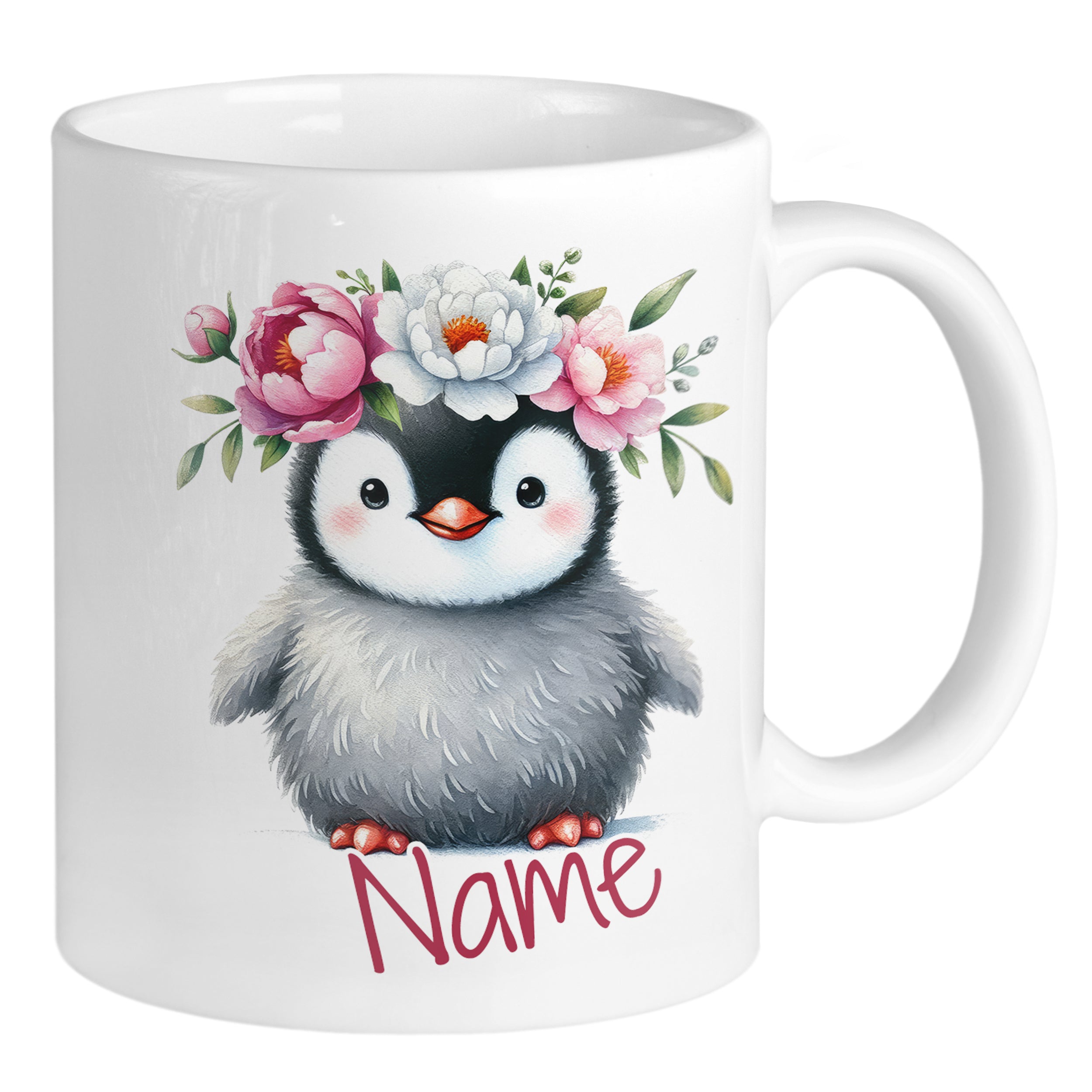 Kaffeetasse mit niedlichem Pinguin und Blumenkranz.