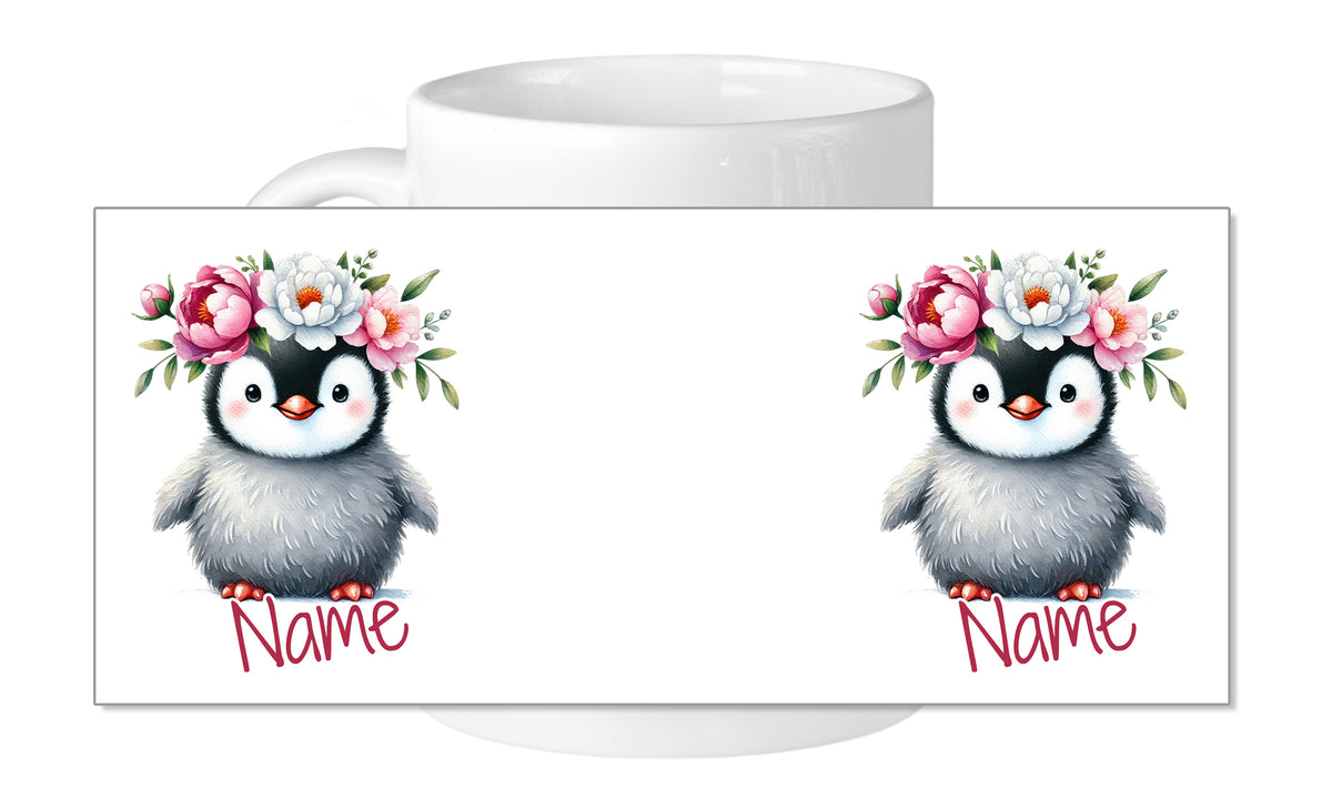 Tasse mit zwei niedlichen Pinguinen und Blumenkränzen.