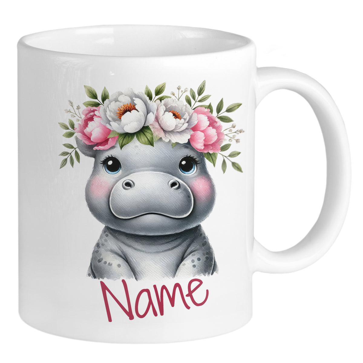 Tasse mit niedlichem Nilpferd und Blumenkranz, personalisiert.