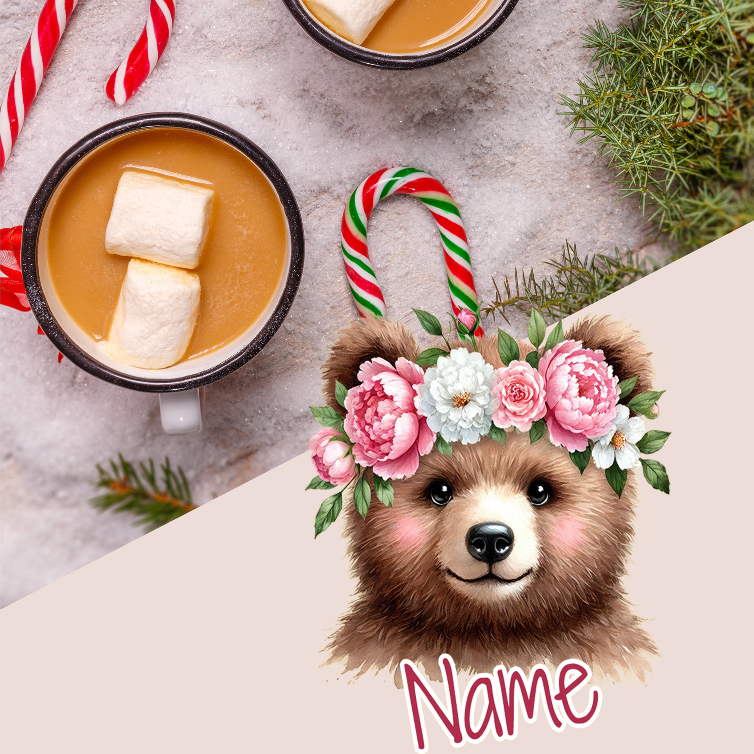 Kaffeetasse mit Marshmallows, bärchenförmiger Kopf mit Blumenkranz.