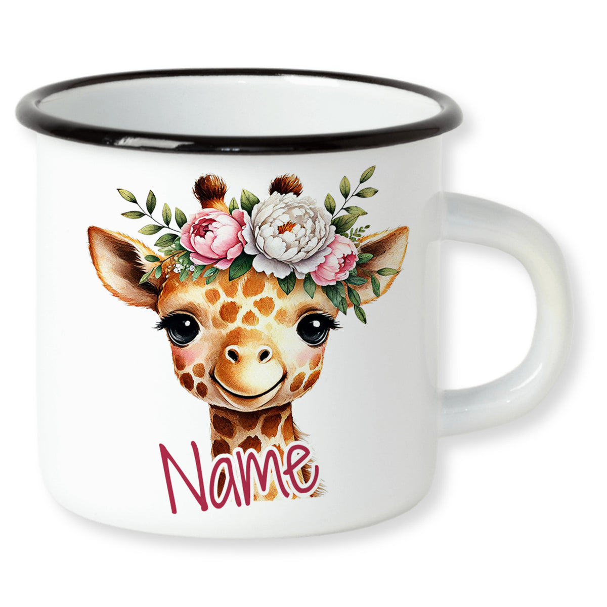 Weißer Emaillebecher mit Giraffe und Blumenkranz.