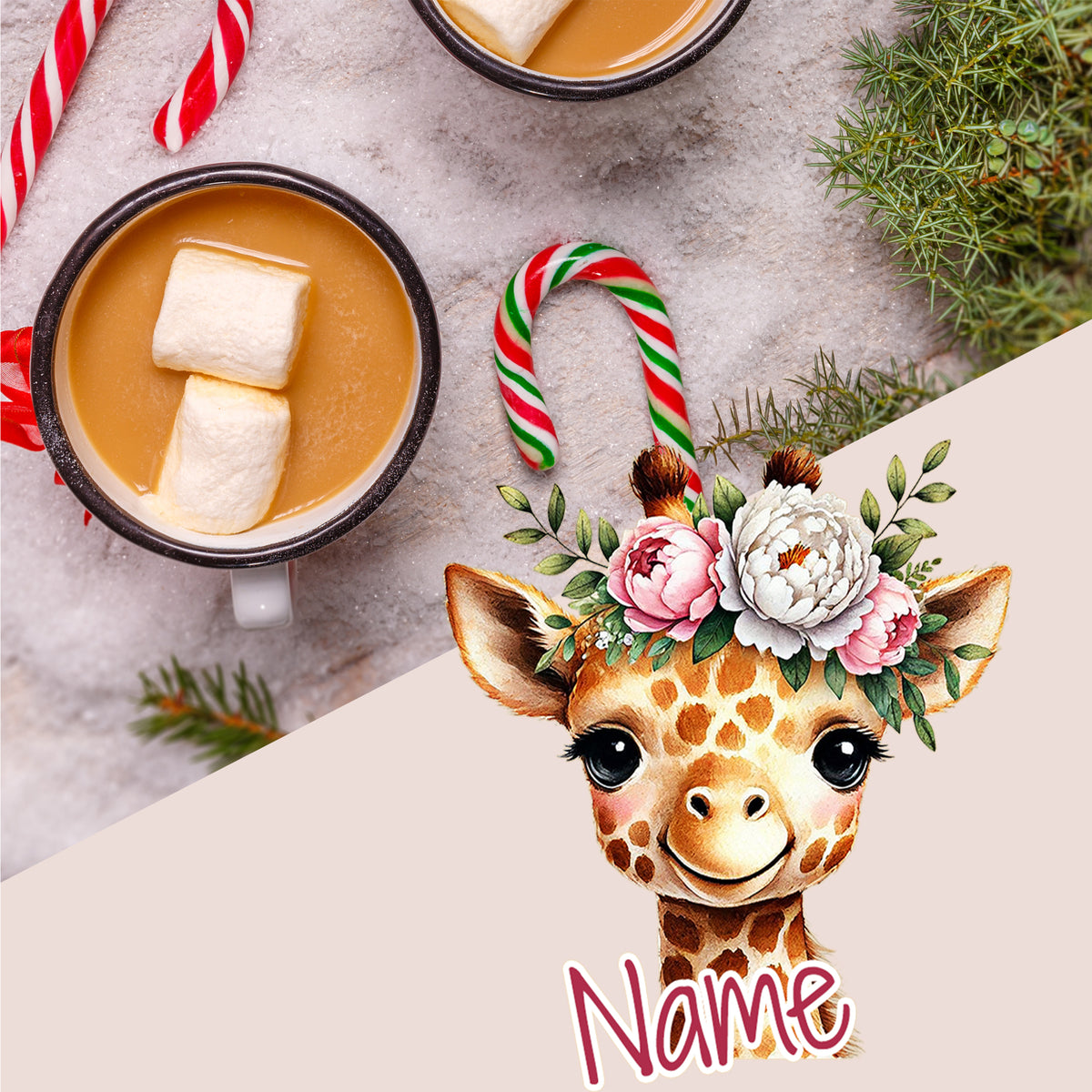 Kaffeetasse mit Marshmallows, Giraffe mit Blumenkranz.