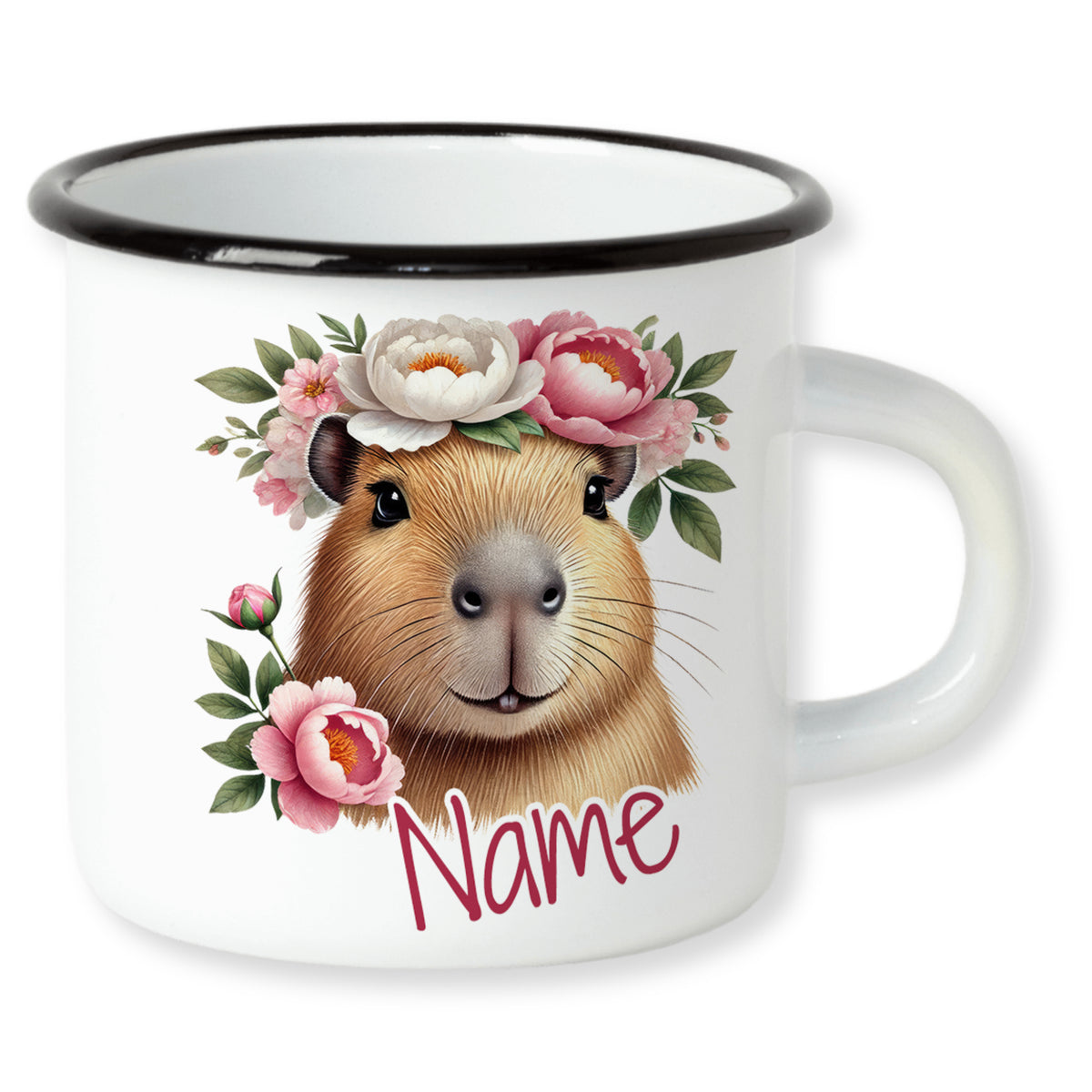 Emaille-Tasse mit Capybara und Blumenmotiv, personalisierbar.